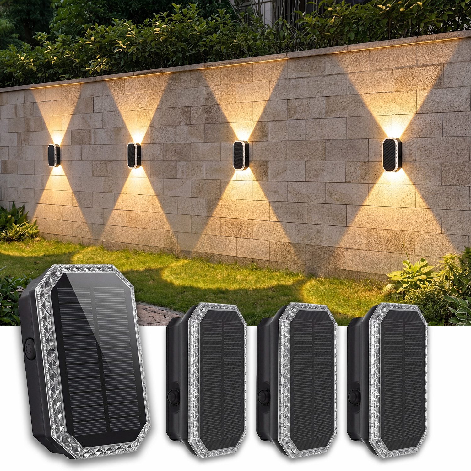 oyajia LED Außen-Wandleuchte Solar Wandleuchte Aussen, Solarlampen Up and Down, 2/4 Stück für Außen, 3 Farben Heller Solarleuchten, LED fest integriert, 3 Farben Heller Solarleuchten, Solarlampen für Außen Wand und Gartenzaun, für Hauswand, Terrasse
