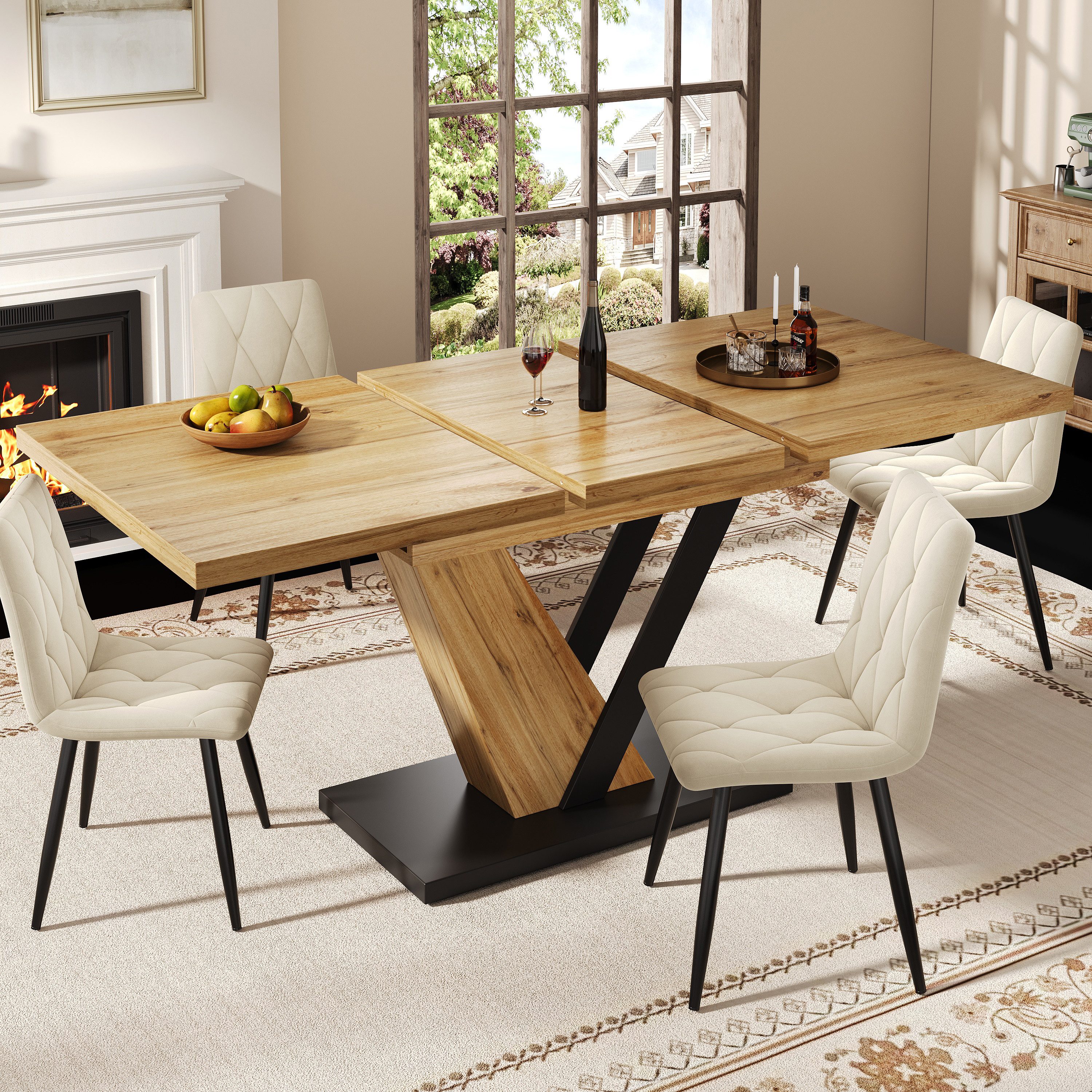 STILVORA Esstisch 120-160×75cm Esstisch ausziehbar Küchentisch mit Breite Arbeitsfläche (mit Holzmaserung, stabiler MDF-Tisch mit Stahlrohrbeinen, 1-St., 120–160 x 75 x 75,5 cm), Esstisch Teleskoptisch