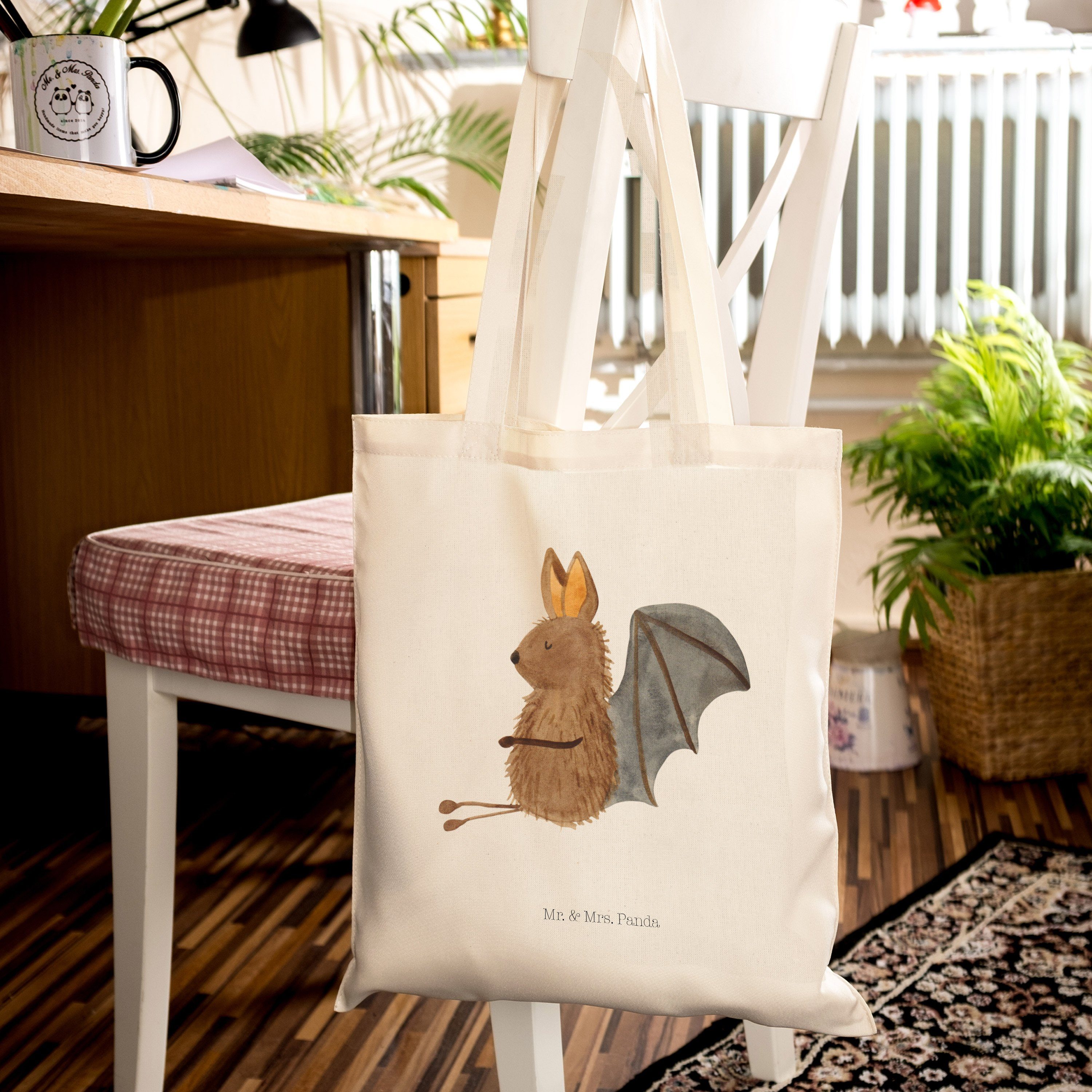 Gute Mr. & - Fledermaus Lau Geschenk, sitzend (1-tlg) - Transparent Einkaufstasche, Mrs. Panda Tragetasche