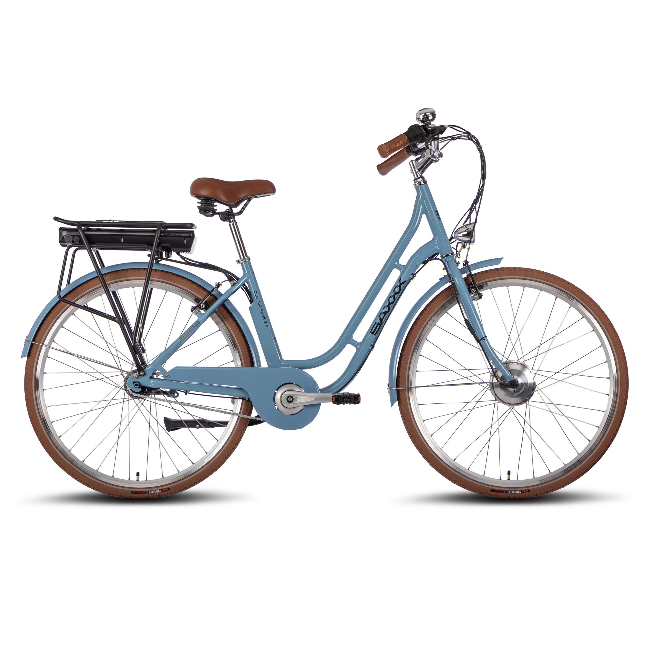 SAXXX E-Bike Cityrad 28" Elektrofahrrad für Damen Herren, 110km, V-Bremse & Rücktrittbremse, 7 Gang SHIMANO Nexus Schaltwerk, Nabenschaltung, Vorderradmotor, 418 Wh, (mit Gepäckträger, abnehmbarer Akku, 95%vormontiert), Pedelec, E-Citybike, Tiefeinstieg, ideal für Stadtfahrten
