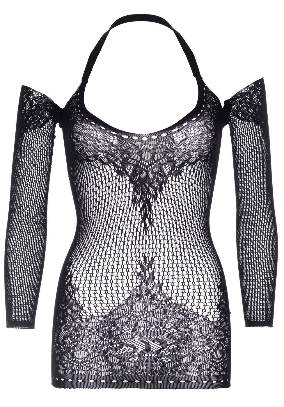 Leg Avenue Netzkleid Netz-Kleid mit Ärmeln Spitze - schwarz (1-tlg) elastischer Netz-Stoff