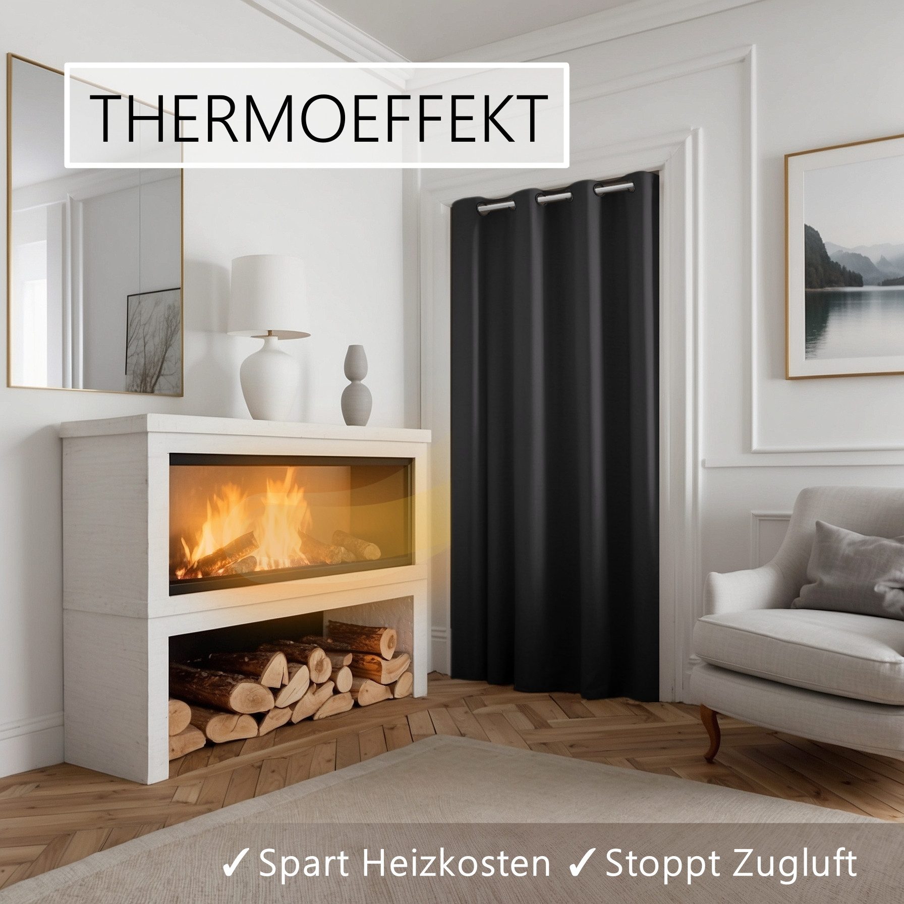 tinycurtains Türvorhang mit Stange weiß 55-90 cm ohne Bohren, Thermo Vorhang Tür, Ösen, abdunkelnd, Polyester, blickdicht, Schwarz Eclipse, Türgardine mit Klemm – Bild 4 von 5
