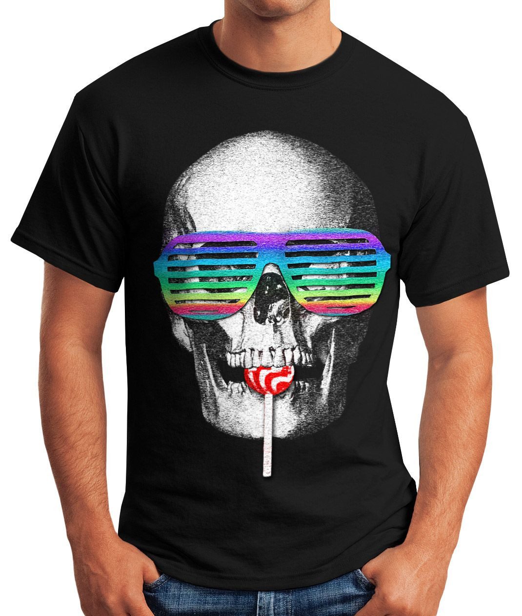 Print-Shirt Herren T-Shirt Totenkopf Skull Lolly Hippie Retro 70er Fun-Shirt