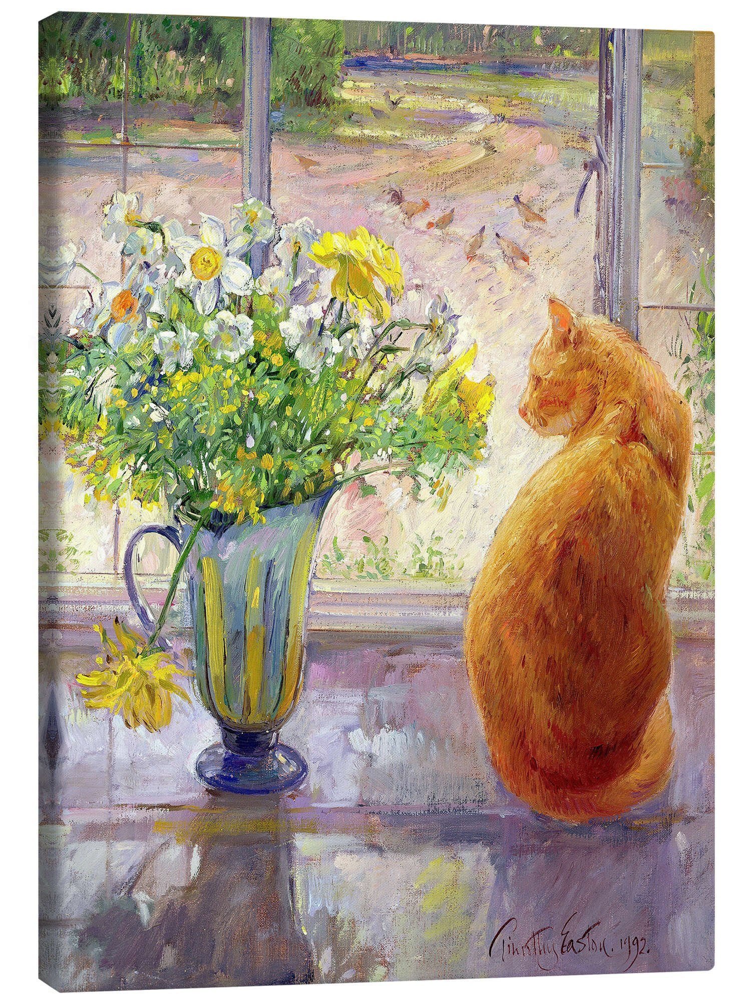 Posterlounge Leinwandbild Timothy Easton, Katze mit Blumen im Fenster, Küche Malerei