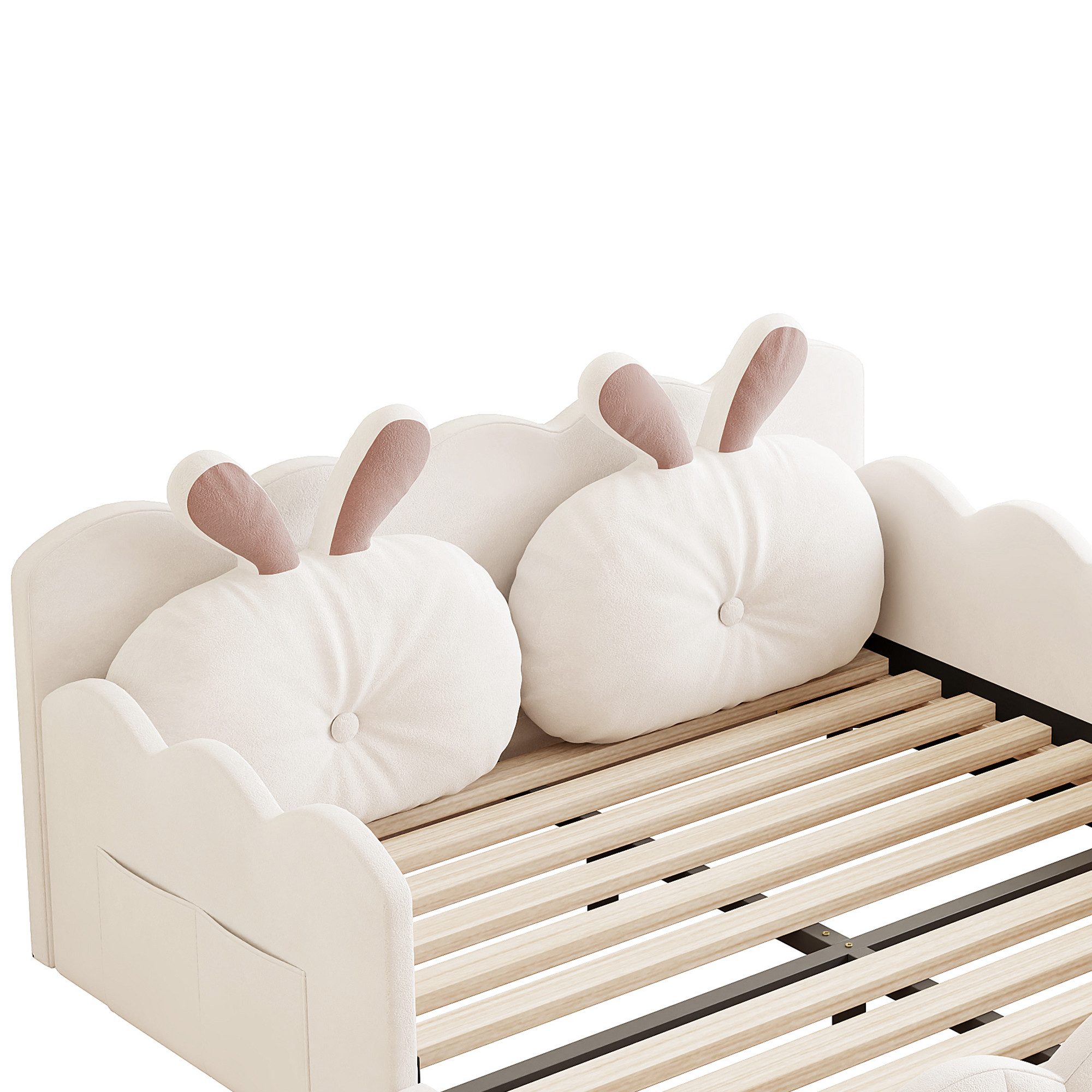 Merax Polsterbett (gepolstertes Plattformbett Bodenbett aus Samtstoff, 1-tlg), Kinderbett 140x200 mit Lattenrost, Kaninchenkissen und Rausfallschutz – Bild 5 von 5