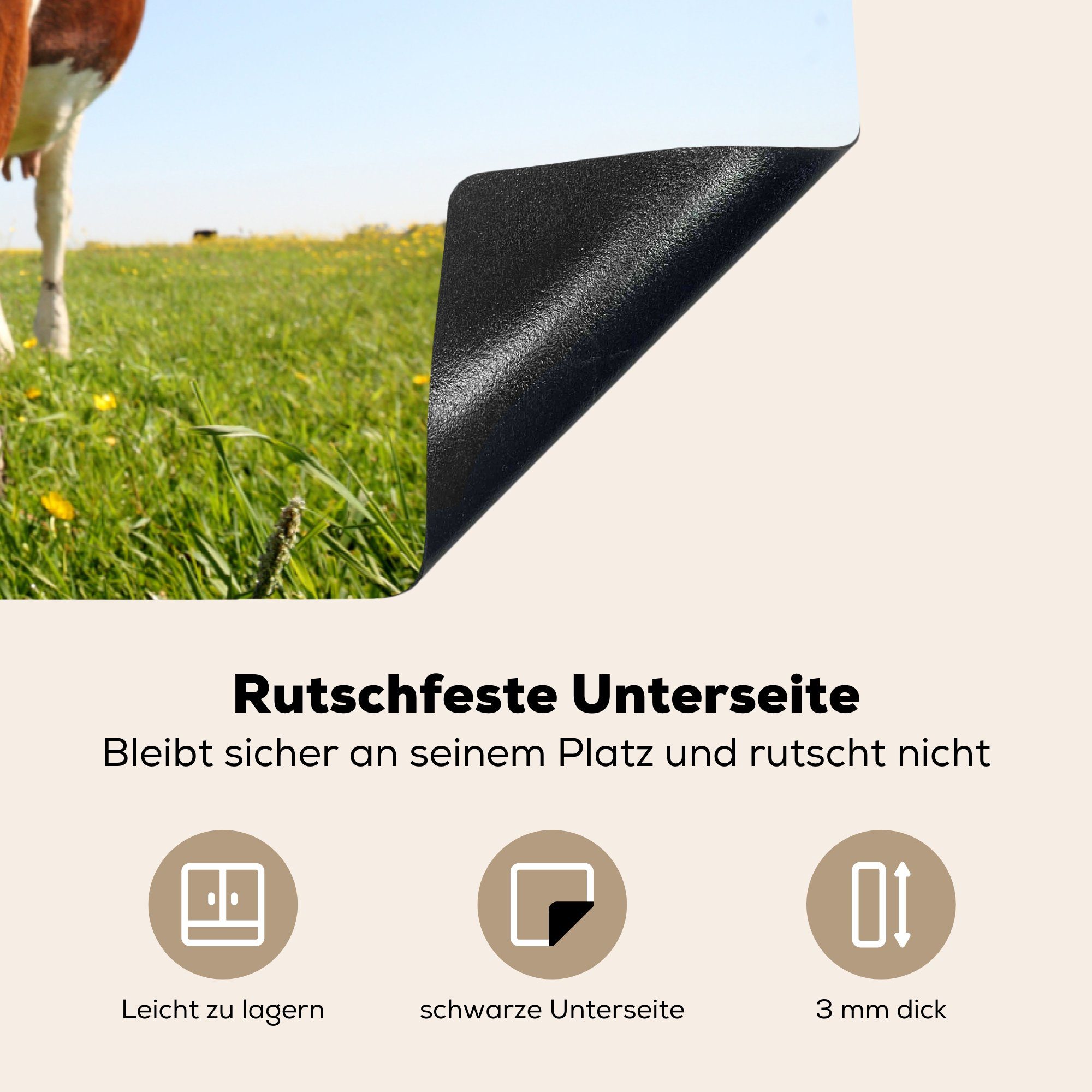 81x52 Blumen küche Arbeitsplatte cm, für - Kuh (1 Gras, Ceranfeldabdeckung, MuchoWow Herdblende-/Abdeckplatte Tiere - tlg), Vinyl, -