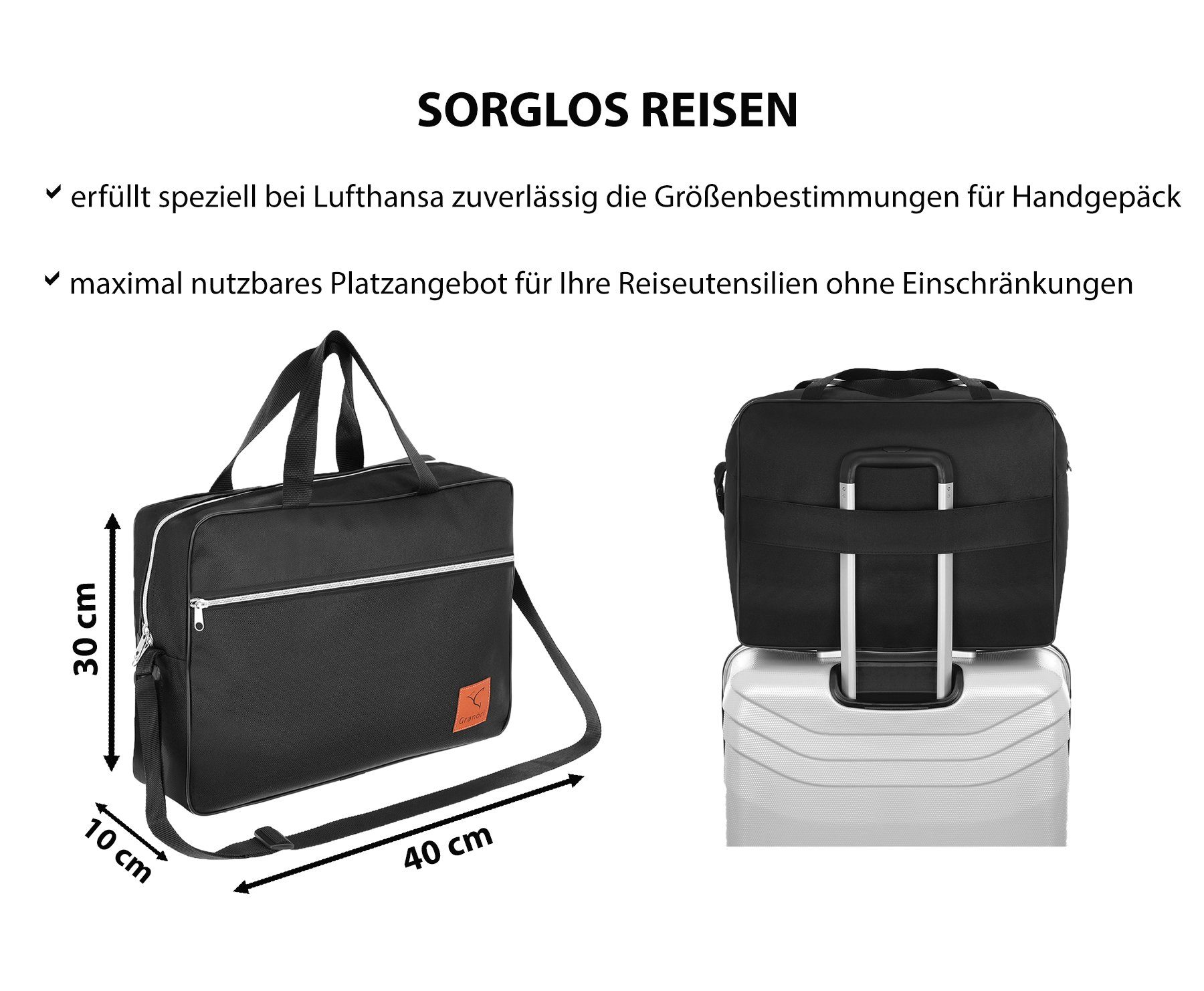 Granori Reisetasche 40x30x10 cm extra Handgepäck Schwarz mit leicht, für Lufthansa verstellbarem Schultergurt Flug