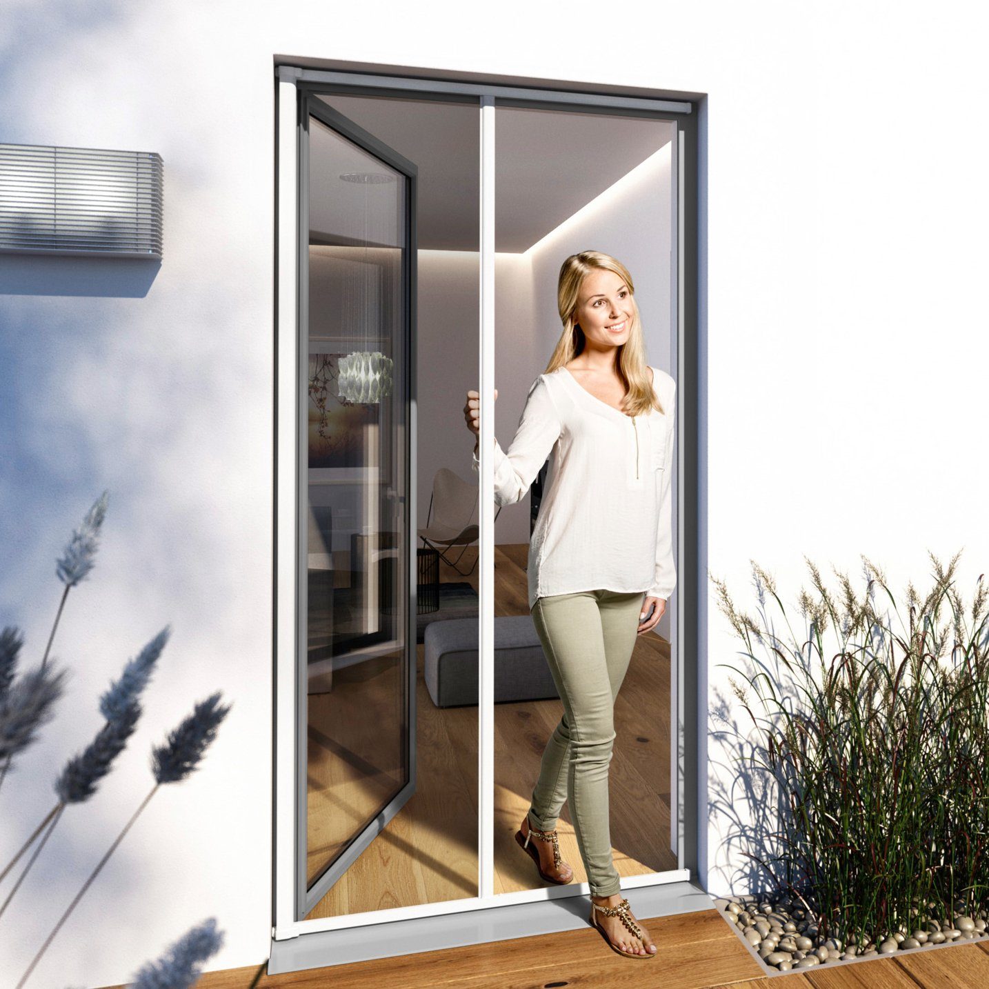 Insektenschutzrollo Plus für Terrassen- und Balkontüren, Fliegengitter Rollo aus Alu, Windhager, Mückennetz zum seitlichen Öffnen, Schließen, 225 x 160 cm, weiß