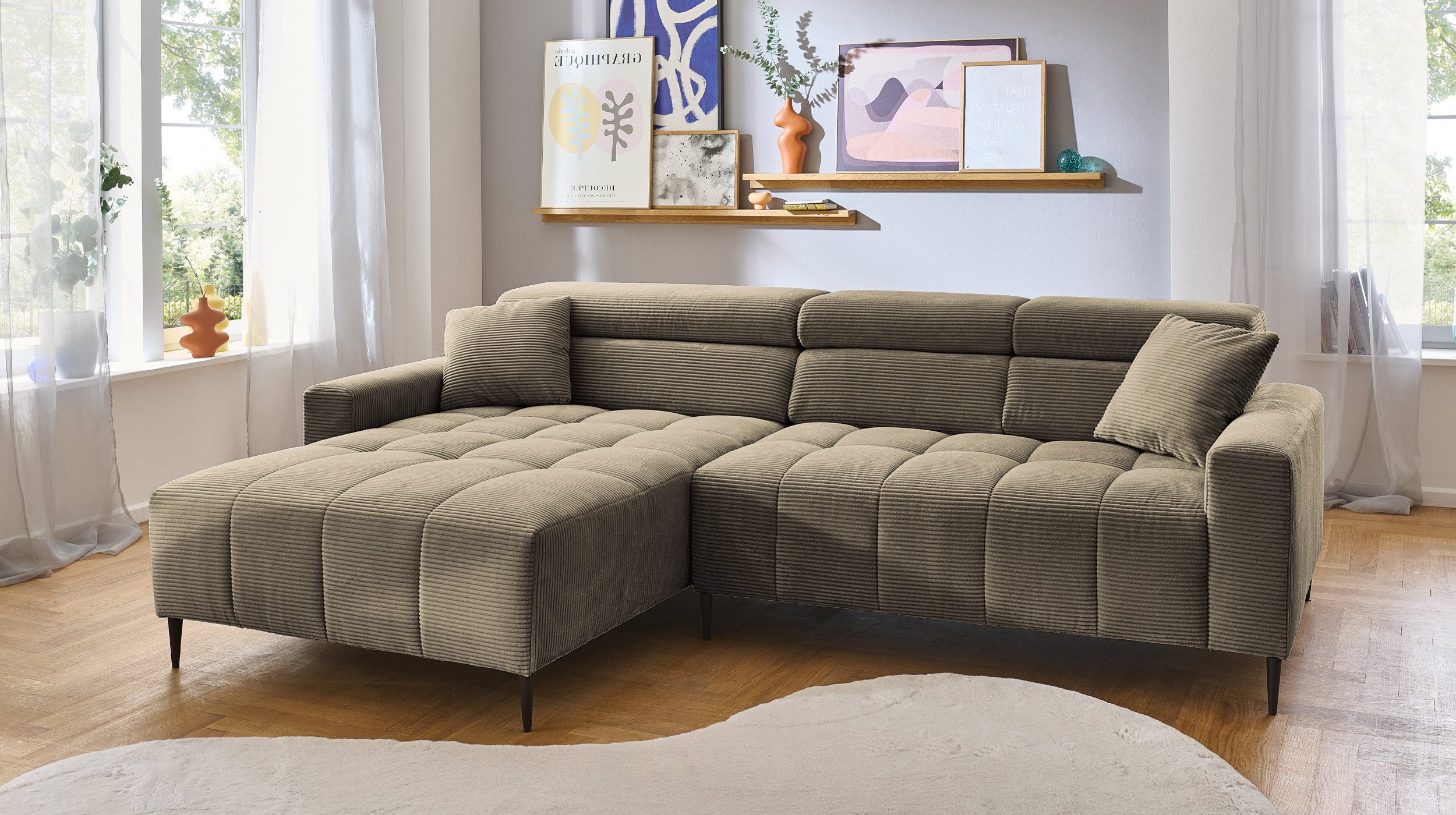 Massivart® Ecksofa Cord 256 cm / Cordsofa / Sitztiefen- & Kopfteilverstellu günstig online kaufen