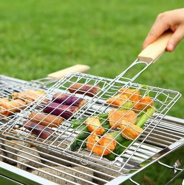 BAYLI Grillspieß Grillguthalter mit Holzgriff, BBQ Grillkorb für Fischgemüse Steak