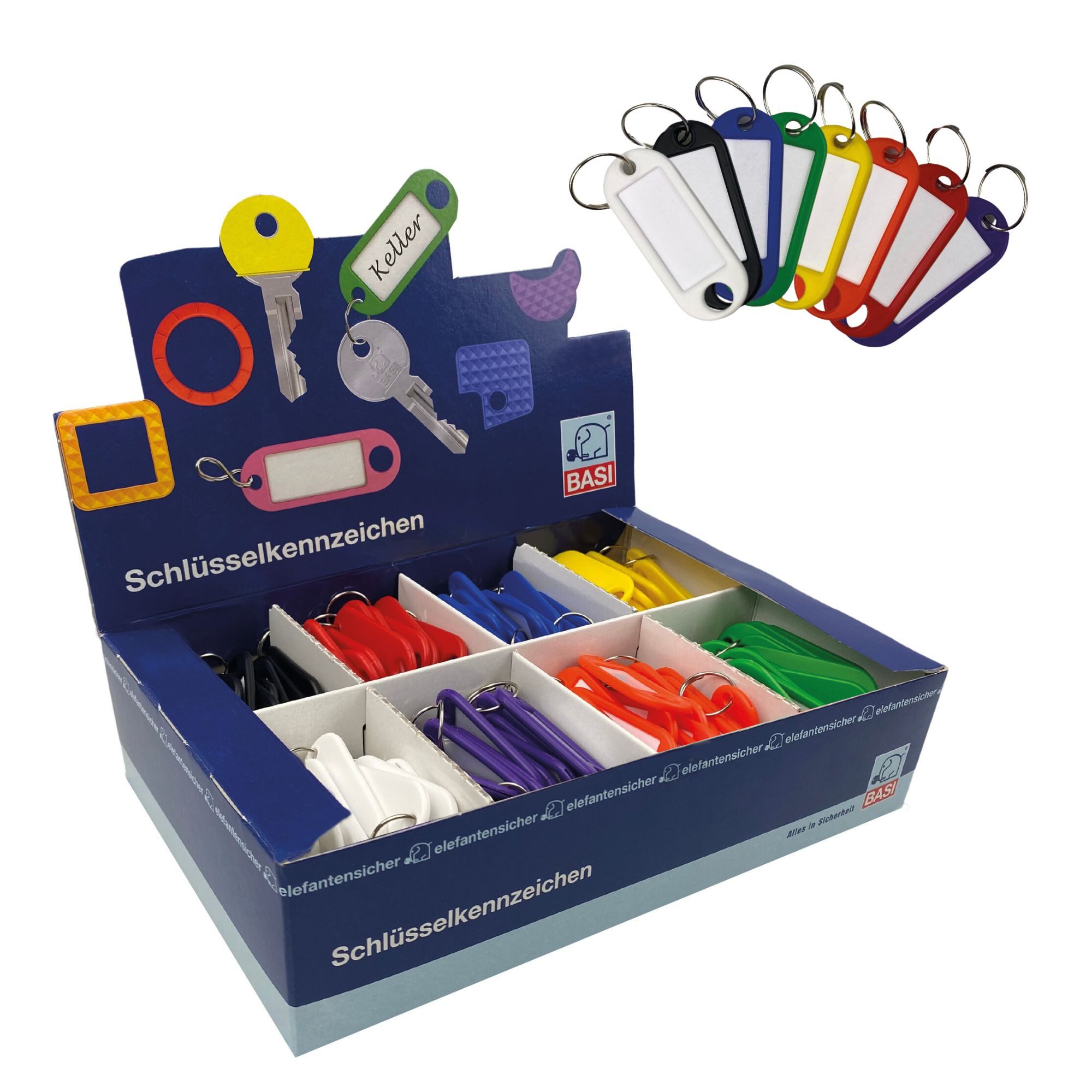 BASI Schlüsselanhänger im Verkaufsdisplay (Packung), Standardfarben mit Ring, 1 VE = 200 Stück, 8-farbig sortiert