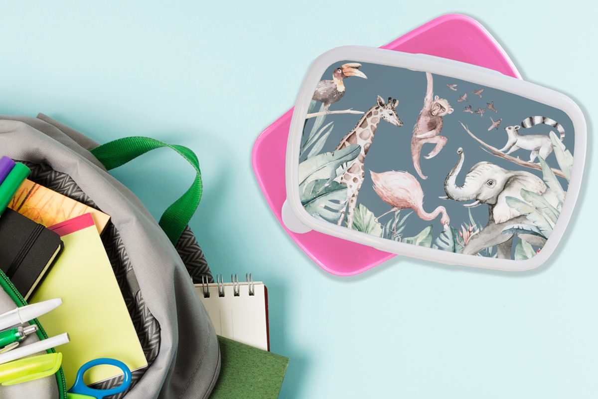 Blau Dschungel rosa - Jungen Aquarell Affe für MuchoWow Erwachsene, Kunststoff - - Kinder, Tiere - (2-tlg), - Brotdose Lunchbox Mädchen, - Kinder, Kinder - Kunststoff, Snackbox, Brotbox