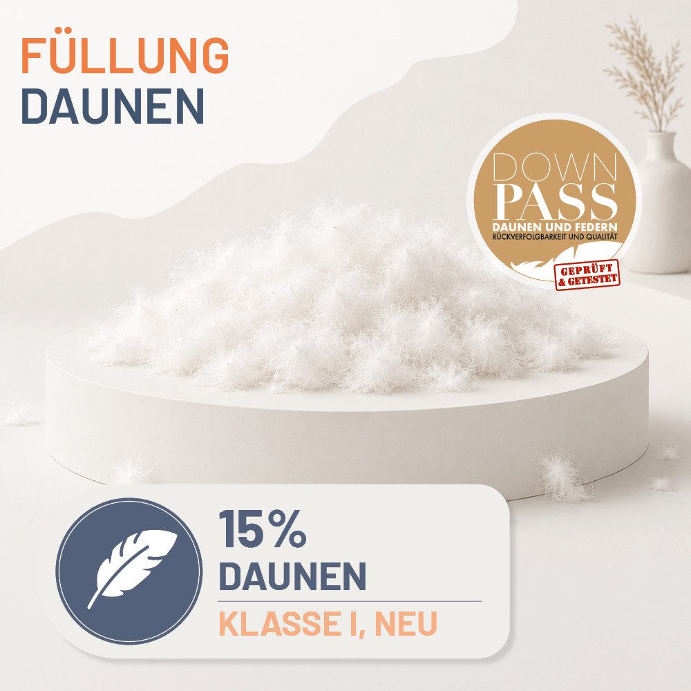 casimum Daunenkissen COMFORT Daunenkissen 80x80, Kissen 40x80, hergestellt in Deutschland, Füllung: 85 % Federn / 15 % Daunen, Klasse 1, Downpass zertifiziert, Bezug: 100 % Baumwolle, Rückenschläfer, Seitenschläfer, hergestellt in Deutschland, für Allergiker geeignet, 80x80cm & 40x80cm