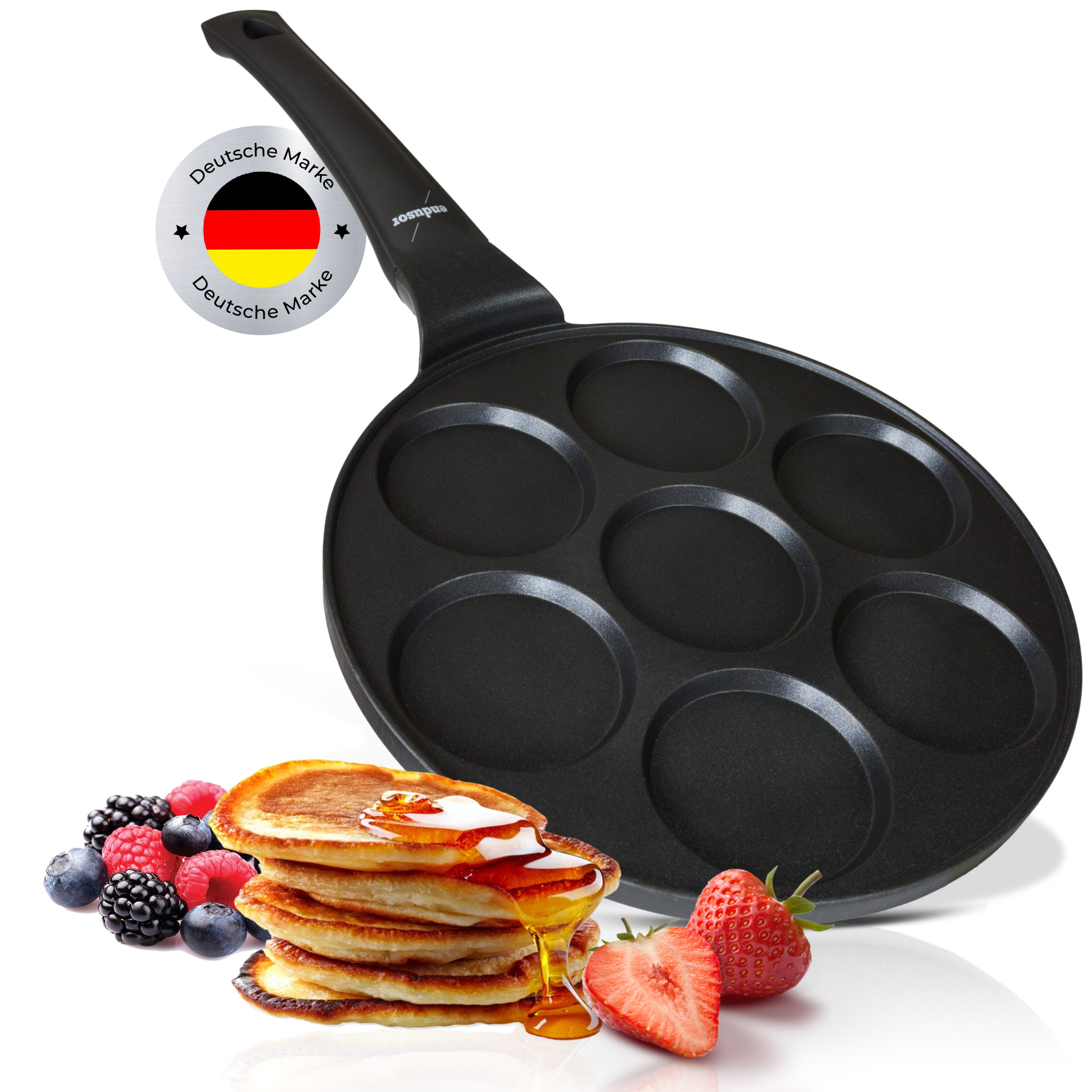 endusor Crêpepfanne Pancake Pfanne ⌀26cm (7 Mulden), Aluminiumguss (Alle Herdarten inkl. Induktion, Ø 26cm Bratpfanne), modernster Antihaft-Beschichtung & Eisenkernboden für Pancakes & Mehr