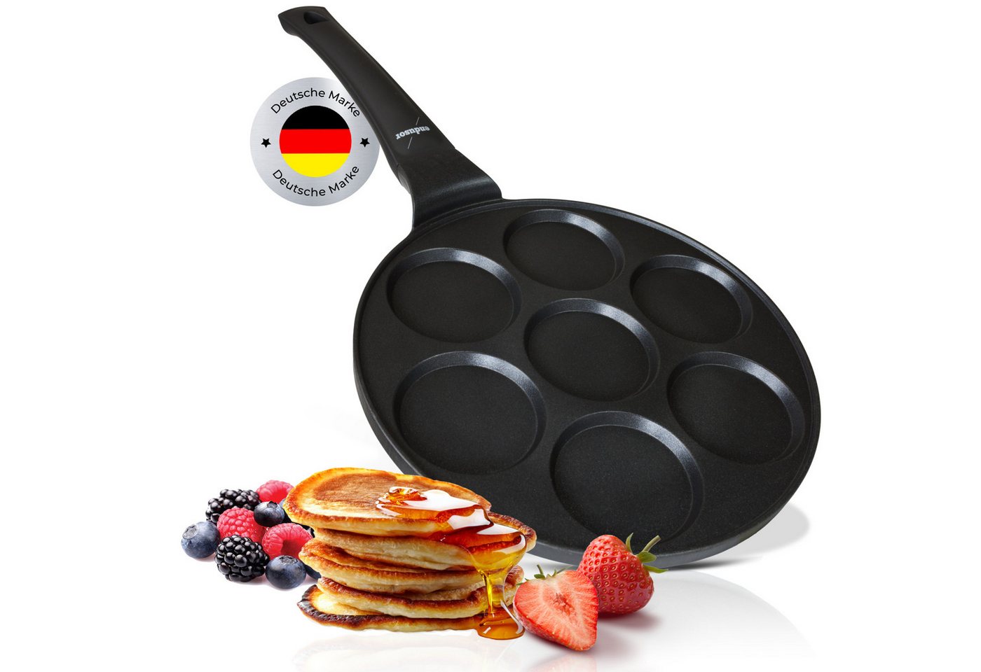 endusor Crêpepfanne Pancake Pfanne ⌀26cm (7 Mulden), Aluminiumguss (Alle Herdarten inkl. Induktion, Ø 26cm Bratpfanne), modernster Antihaft-Beschichtung & Eisenkernboden für Pancakes & Mehr