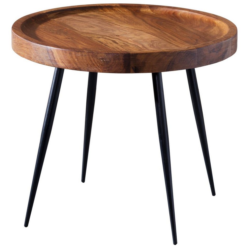 FINEBUY Beistelltisch »FB36«, Beistelltisch rund 36 x 36 x 36 cm  Sheesham massiv Holz Metall Couchtisch Industrial Style Echtholz Tischchen