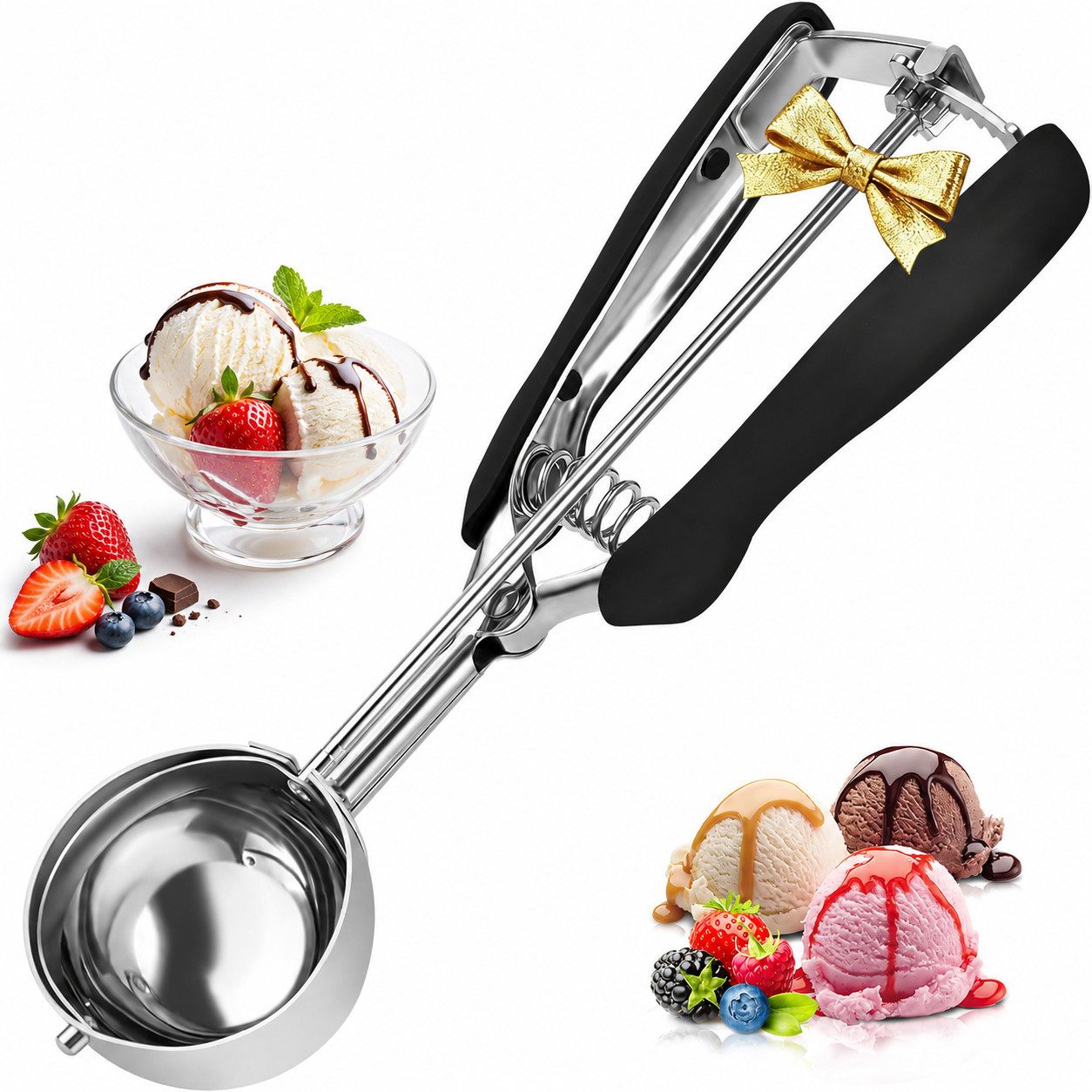 Forrlite Eisportionierer Eisportionierer mit Auslöser(23x5cm),304 Edelstahl,spülmaschinenfest, PoliertIdeal für Eiscreme, Melonenkugeln,Kartoffelpüree und Keksteig