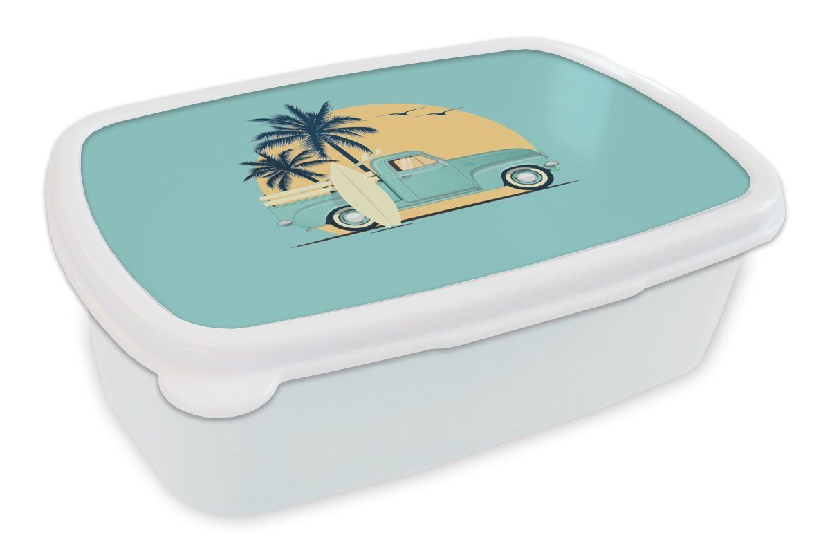 MuchoWow Lunchbox Bus - Surfbrett - Sommer - Zeichnung, Kunststoff, (2-tlg), Brotbox für Kinder und Erwachsene, Brotdose, für Jungs und Mädchen weiß
