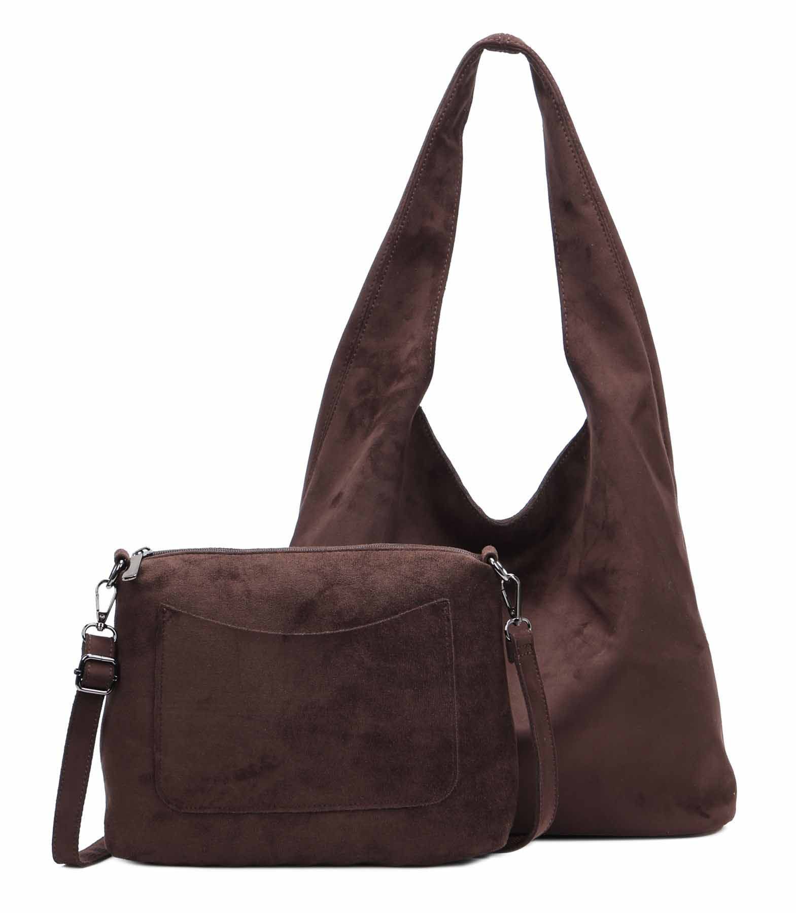 ITALYSHOP24 Schultertasche Damen Tasche Set 2in1 Shopper Handtasche Crossbody Velours CrossOver (Spar-Set 2 in1 Hobo + Crossbody Bag / Schmucktasche, Leichtgewicht, Wildleder Optik), Hobo Bag Umhängetasche Body Bag Beuteltasche Workbag Freizeit Urlaub