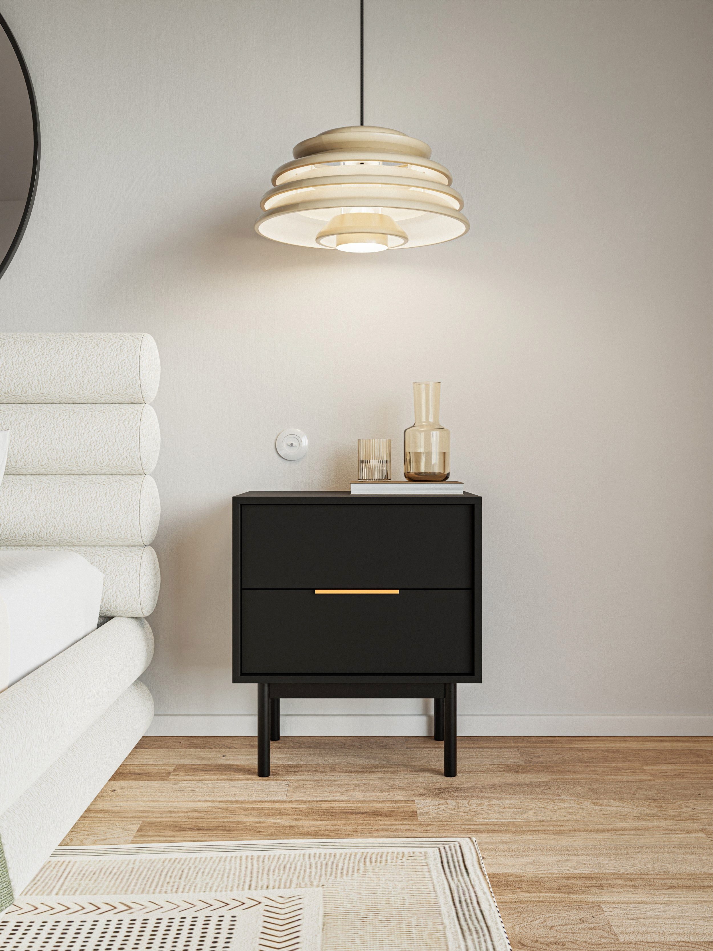 Selsey Nachttisch VIVIARO, 3 Schublanden mit Soft-Close-Funktion und goldfarbenem Stangengriff