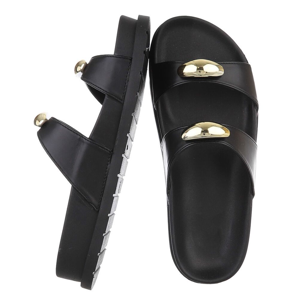 Ital-Design Bequeme Damen-Sandalen mit goldenen Details – Beige Pantolette günstig online kaufen