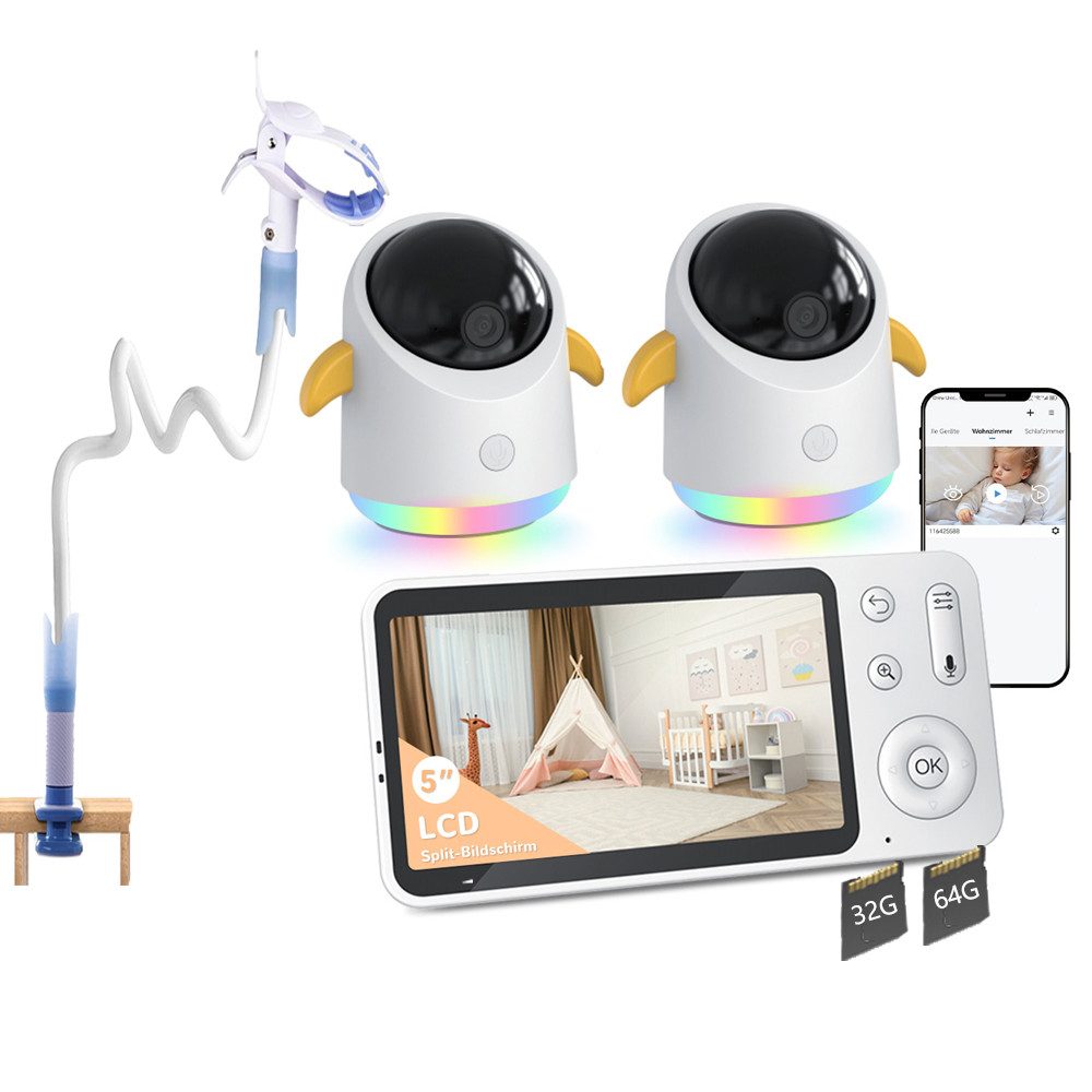 Video-Babyphone 2K Babyphone mit 2 Kameras und App 5 Zoll WLAN Babyfone mit Halter