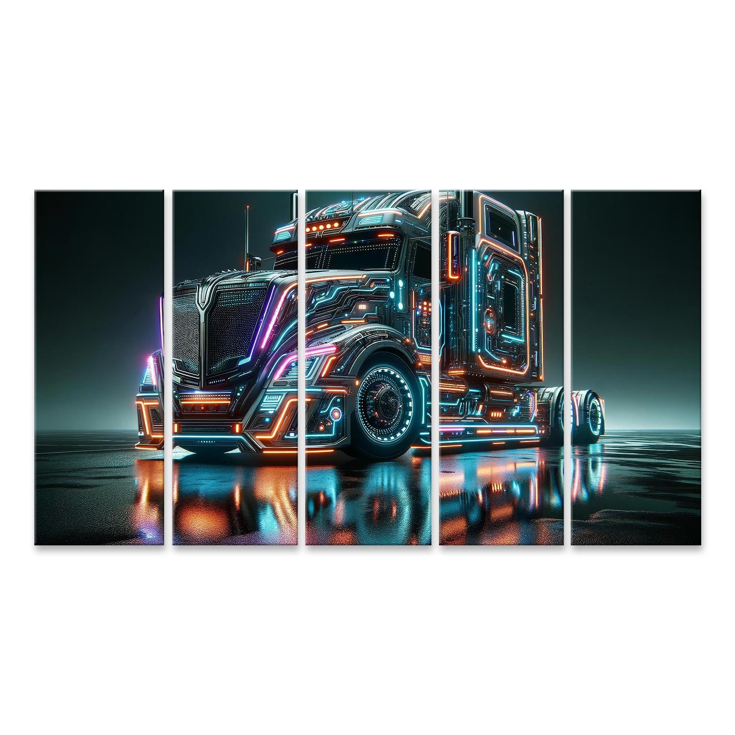 Leinwandbild Futuristischer Semi-Truck LKW mit Neonlichtern bei Nacht