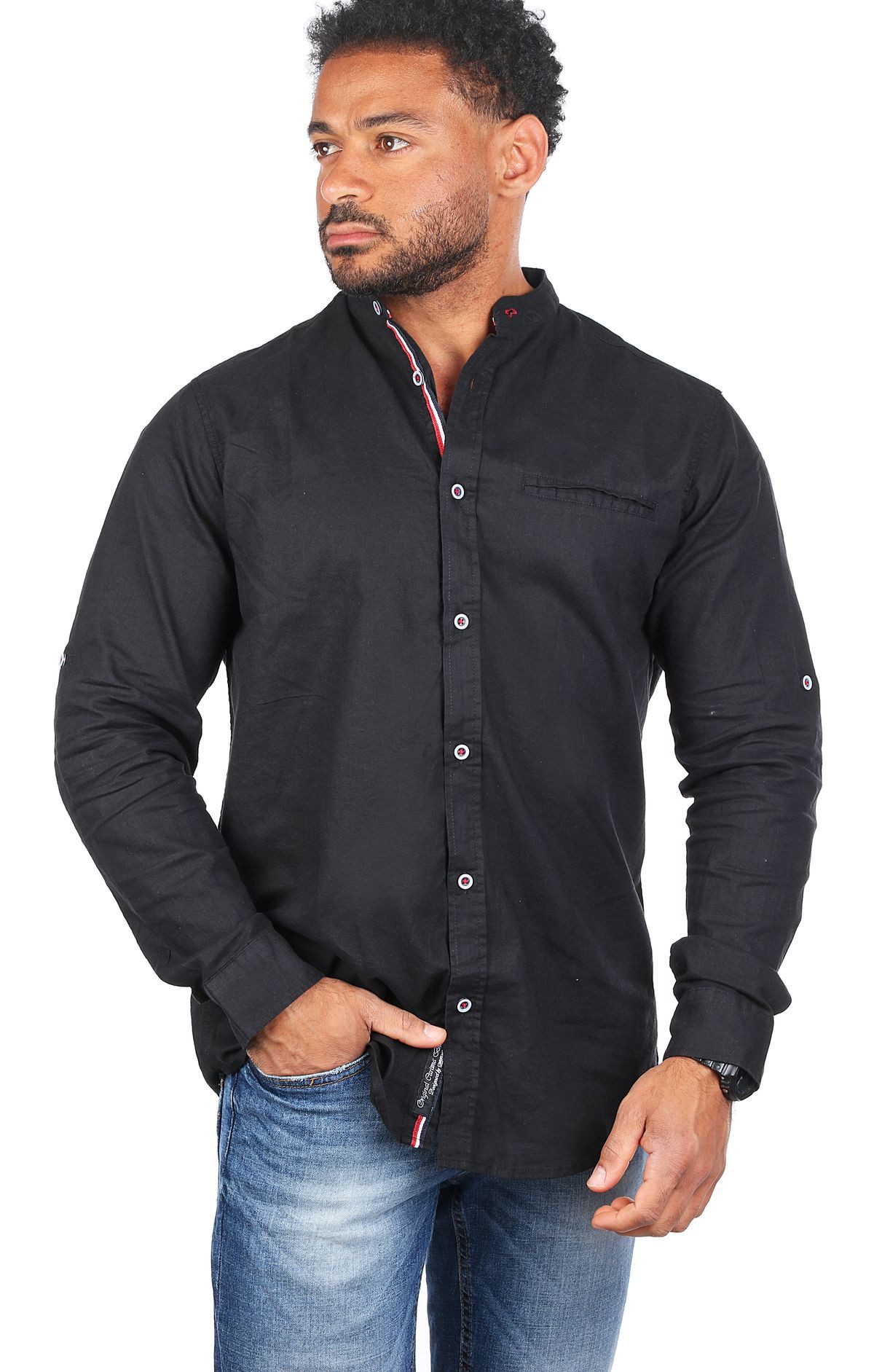 CARISMA Langarmhemd Herren Baumwoll Leinen Mix Hemd einfarbig körperbetont 8444 Regular Langarm Stehkragen Uni