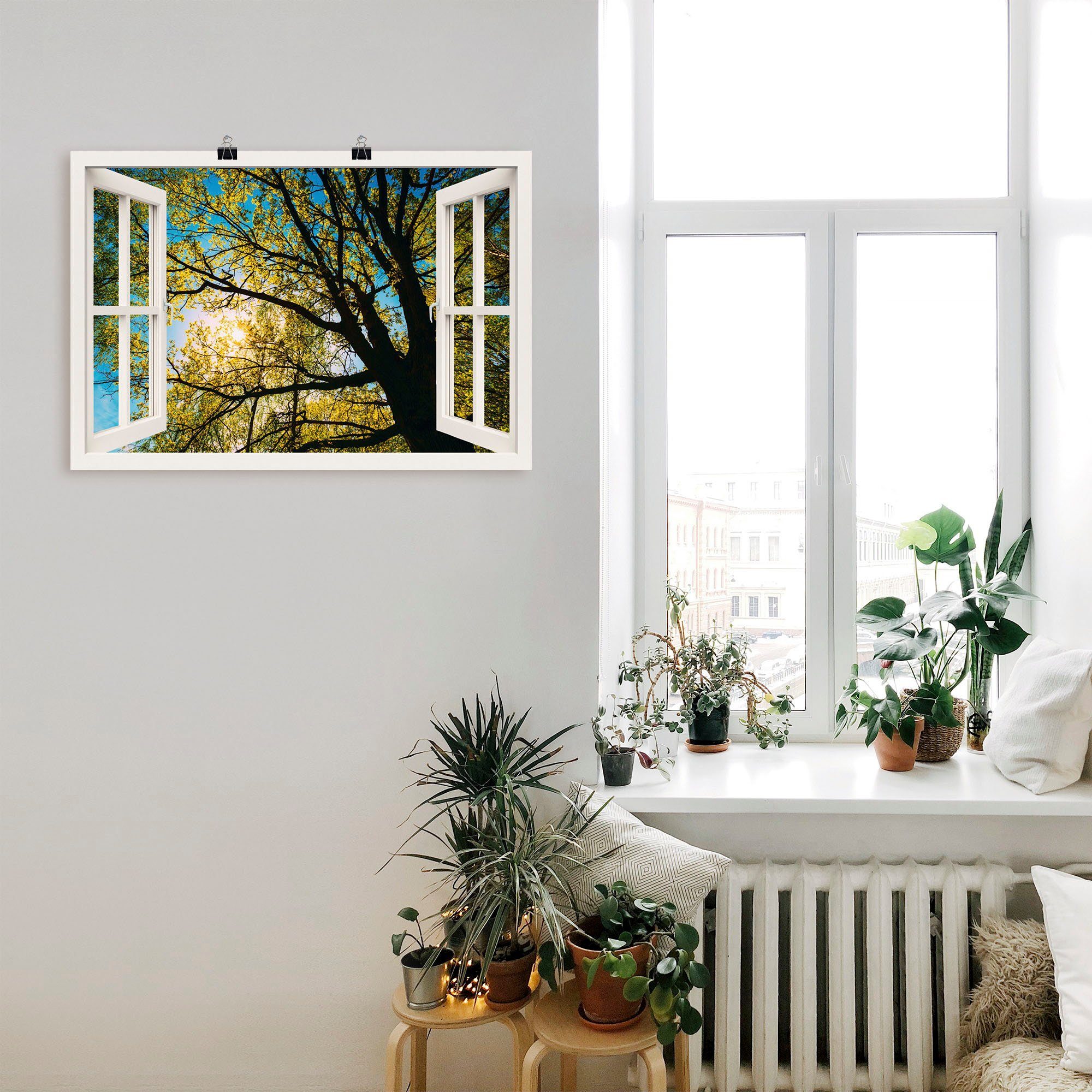 Artland Wandbild Fensterblick Poster Baumkrone, versch. Wandaufkleber Alubild, Bäume oder in (1 als Leinwandbild, St), Größen Frühlingssonne