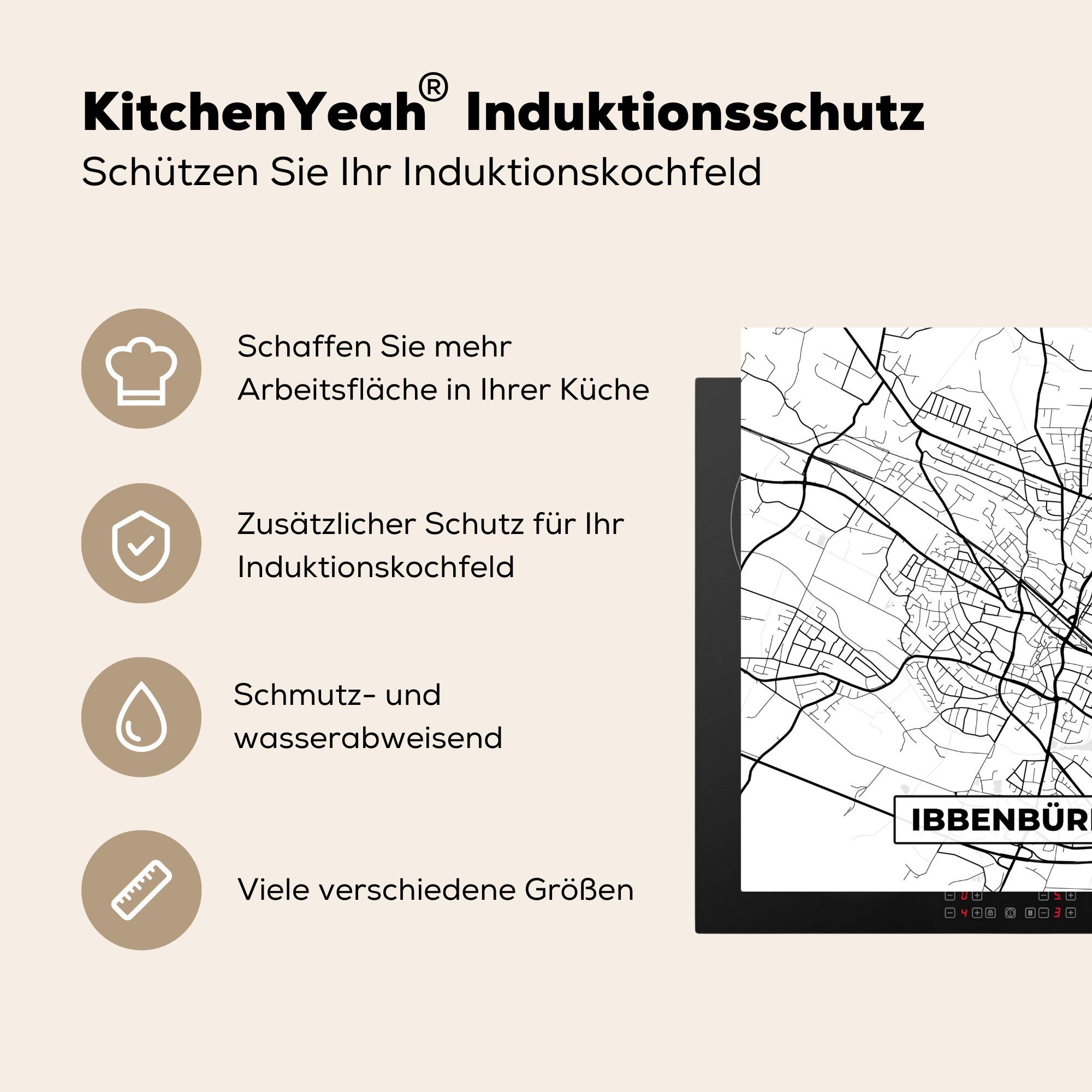 MuchoWow Herdblende-/Abdeckplatte Ibbenbüren - küche für cm, tlg), - (1 Arbeitsplatte Vinyl, Stadtplan, Ceranfeldabdeckung, 78x78 Karte