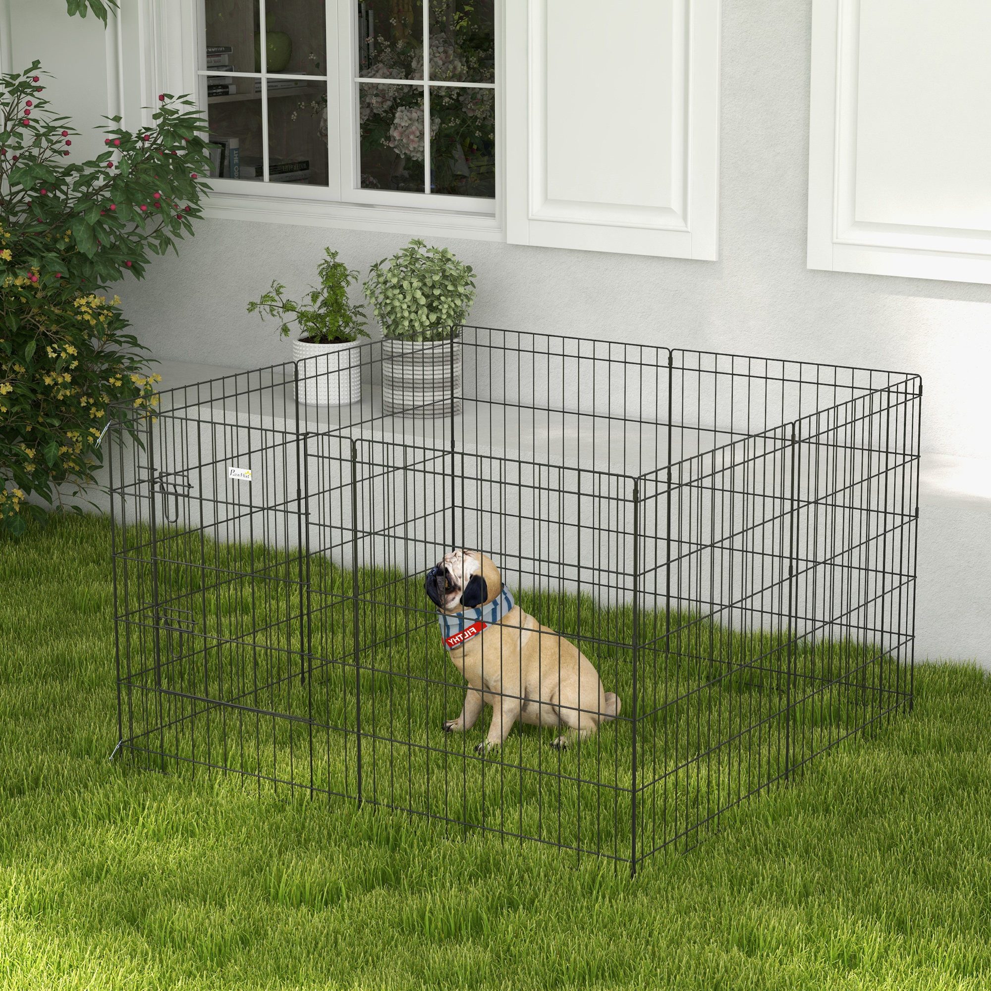 PawHut Freigehege Welpenlaufstall 8-TLG Welpenauslauf mit 8 Gitterplatten Tür, für mittelgroße Hunde, Meerschweinchen, Kaninchen, Metall, Schwarz