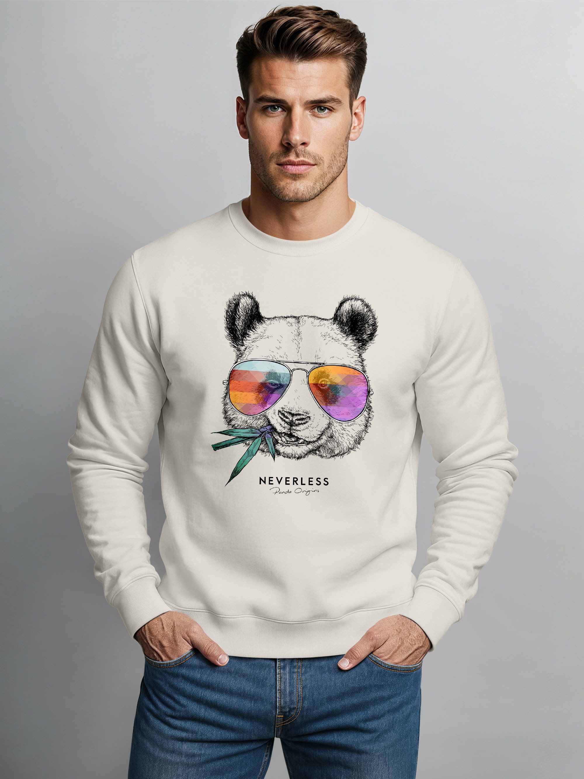 Neverless Sweatshirt Sweatshirt Herren Frontprint Panda Pullover mit Print günstig online kaufen
