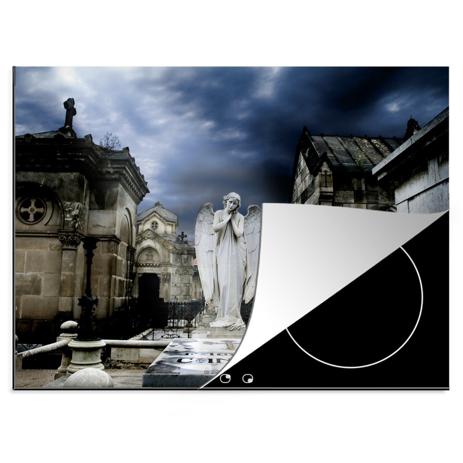 Herdblende-/Abdeckplatte Barcelona, Ceranfeldabdeckung Statue Mobile tlg), Engels nutzbar, MuchoWow 70x52 im (1 cm, Zentrum von Vinyl, eines Arbeitsfläche