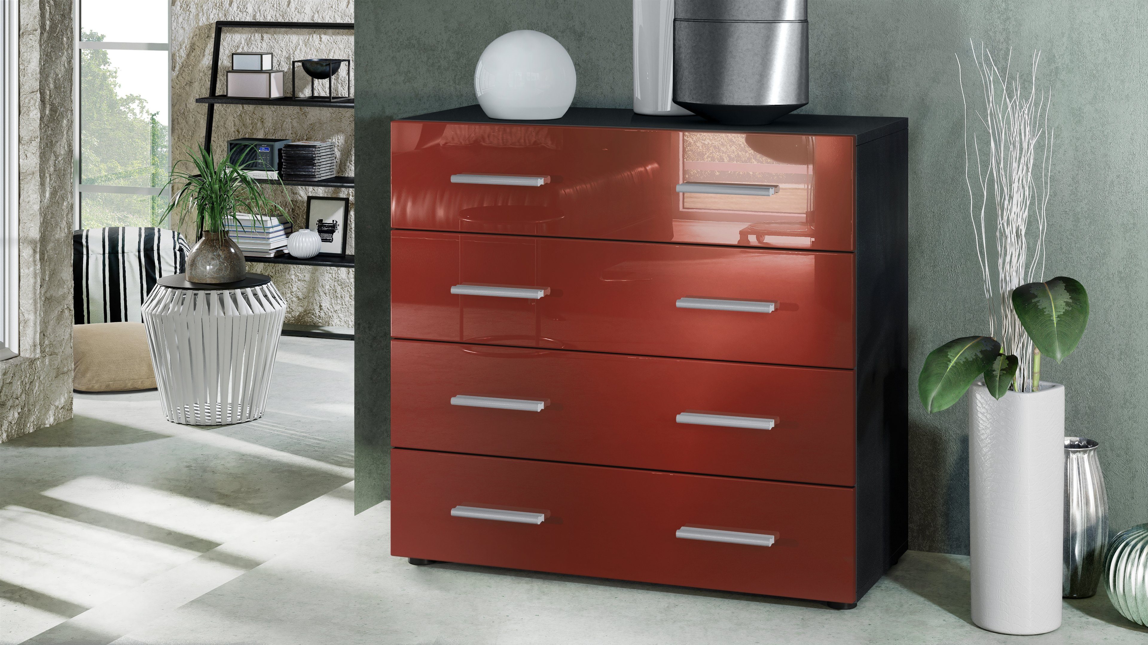 Vladon Kommode Pavos V1 (Kommode, ​mit 4 Schubladen), Schwarz matt/Bordeaux Hochglanz (76 x 72 x 35 cm)
