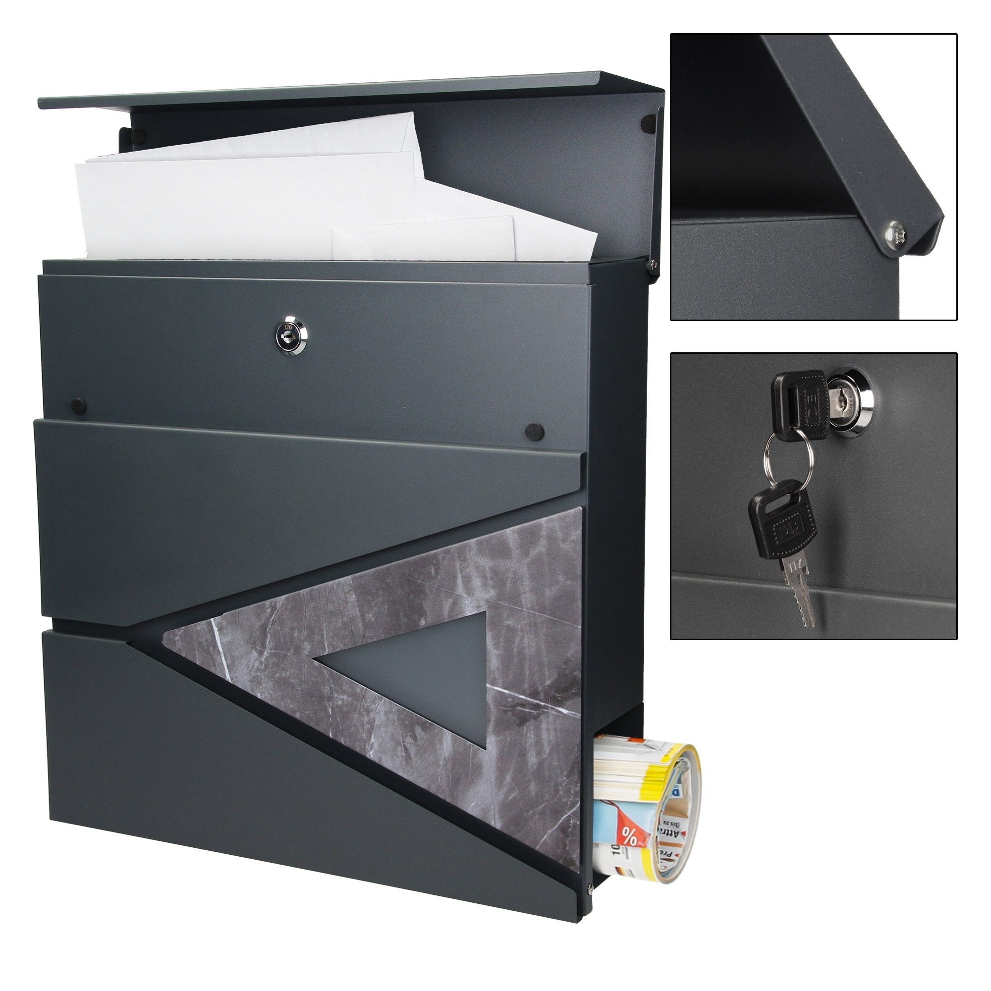 Briefkasten 2 ML-DESIGN Schlüssel Mailbox, mit Stahl Zeitungsfach Schloss 37x36,5x11cm Anthrazit/Schwarz-Marmoroptik Postkasten Designwandbriefkasten