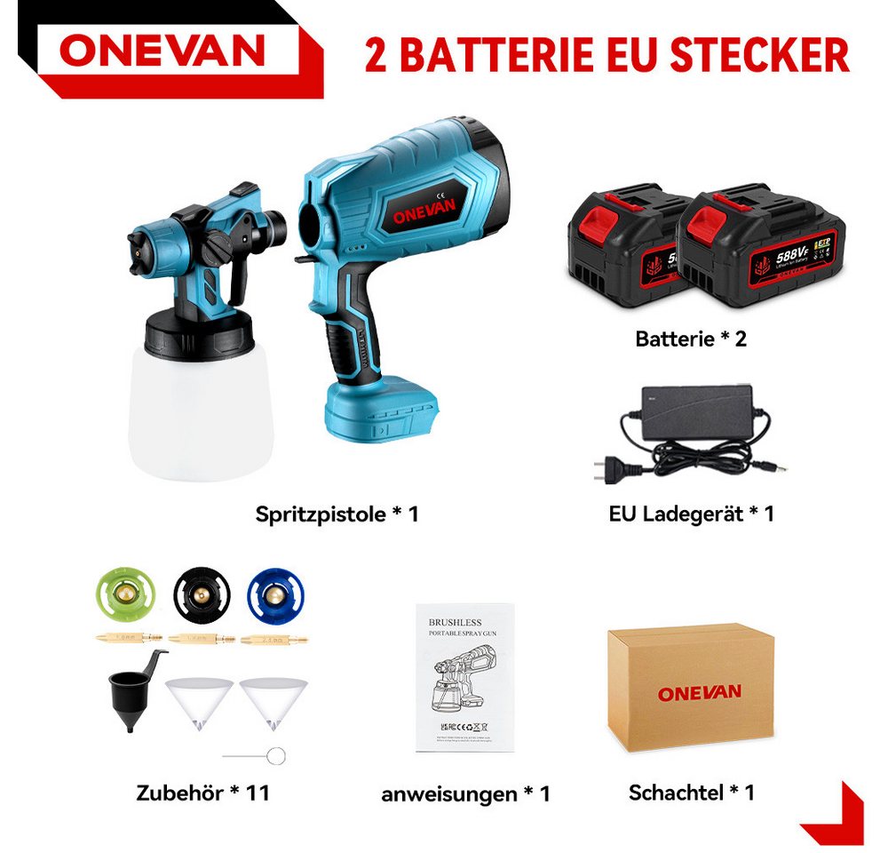 Thumbnail - ONEVAN Farbsprühgerät Akku Farbsprühsystem 3-in-1-Sprühbild Farbsprühgerät, 2x Akku & Ladegerät, 1000ml abnehmbarer Behä...
