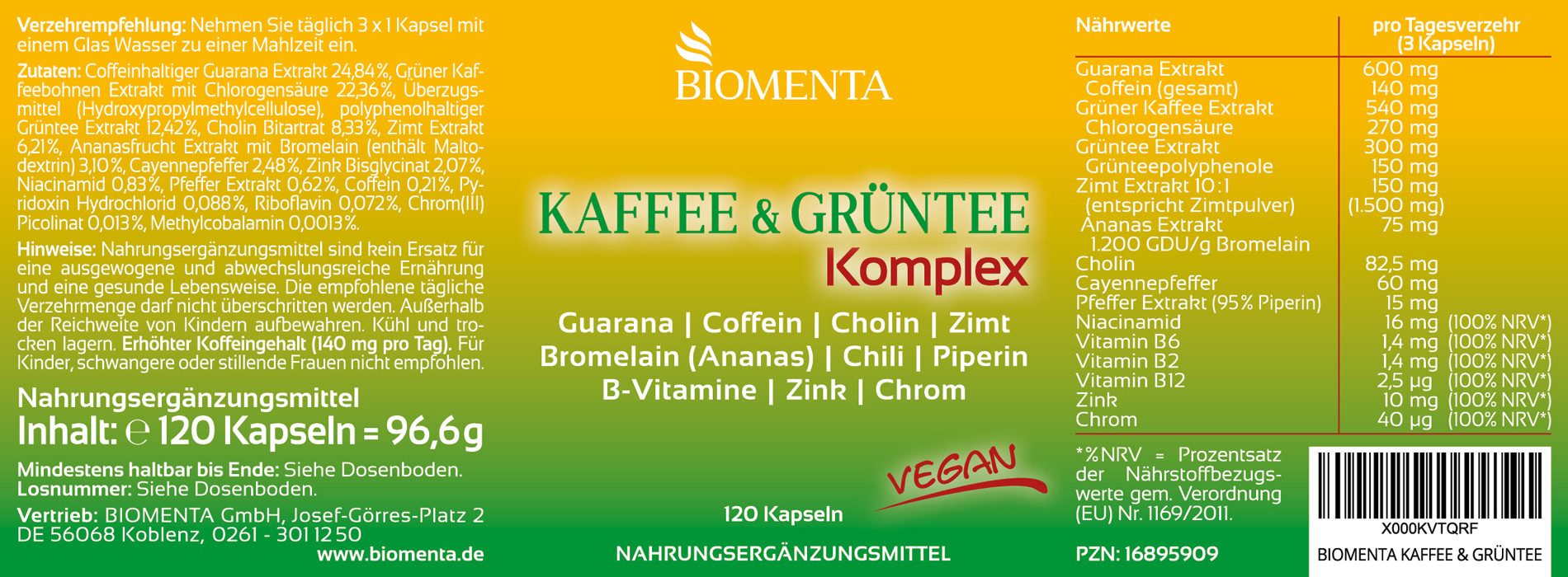 BIOMENTA Kaffee + Grüntee Komplex - 120 Kapseln - Premiumqualität Kapseln, 120 St., 96.6 g