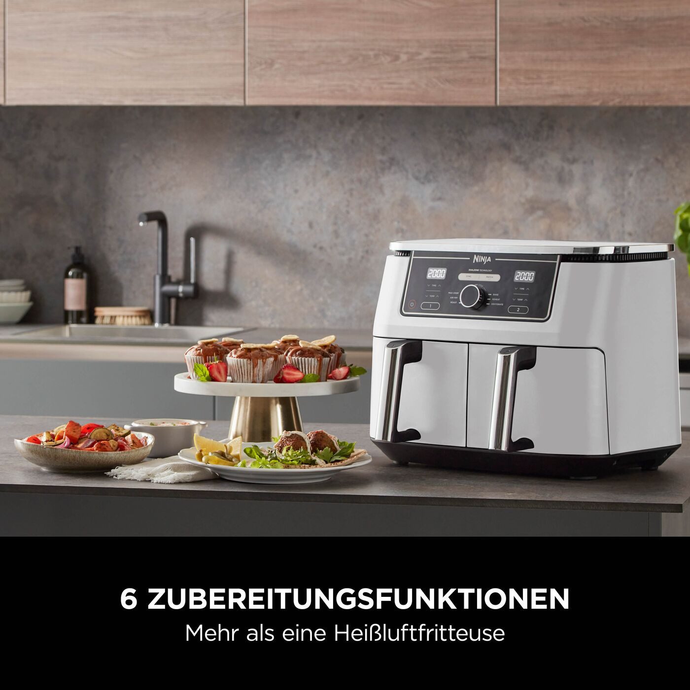 NINJA Heißluftfritteuse Ninja Foodi MAX Dual Zone Heißluftfritteuse AF400EUWH, 2470 W, Zwei Gerichte auf zwei Arten gleichzeitig garen