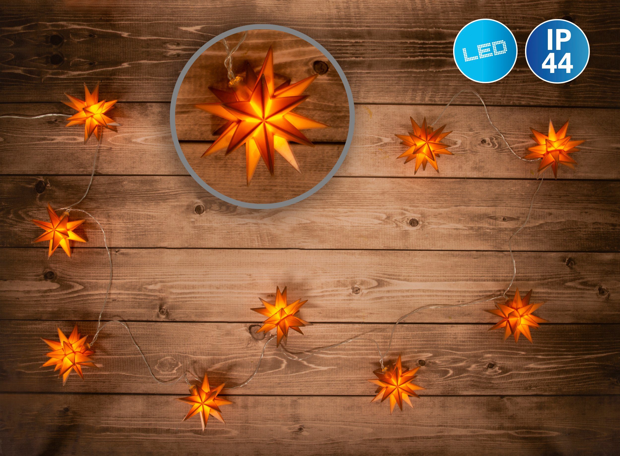 näve LED-Lichterkette Fairy Lights, Weihnachtsdeko, Länge Ges. ca. 740 cm, Zuleitung 500 cm, 9-flammig, mit 9 Sternen in 3D Optik, Outdoor Weihnachtslichterkette, IP44