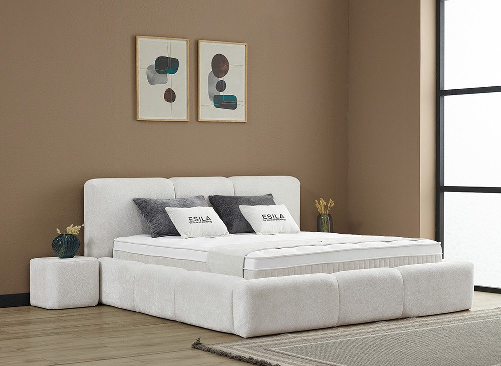 abc bedding Boxspringbett ESILA Voll-orthopädisches Luxusbett in stilvollem Stoff in Creme (3, inkl. Matratze & Topper), Inkl. Matratze mit integriertem Topper