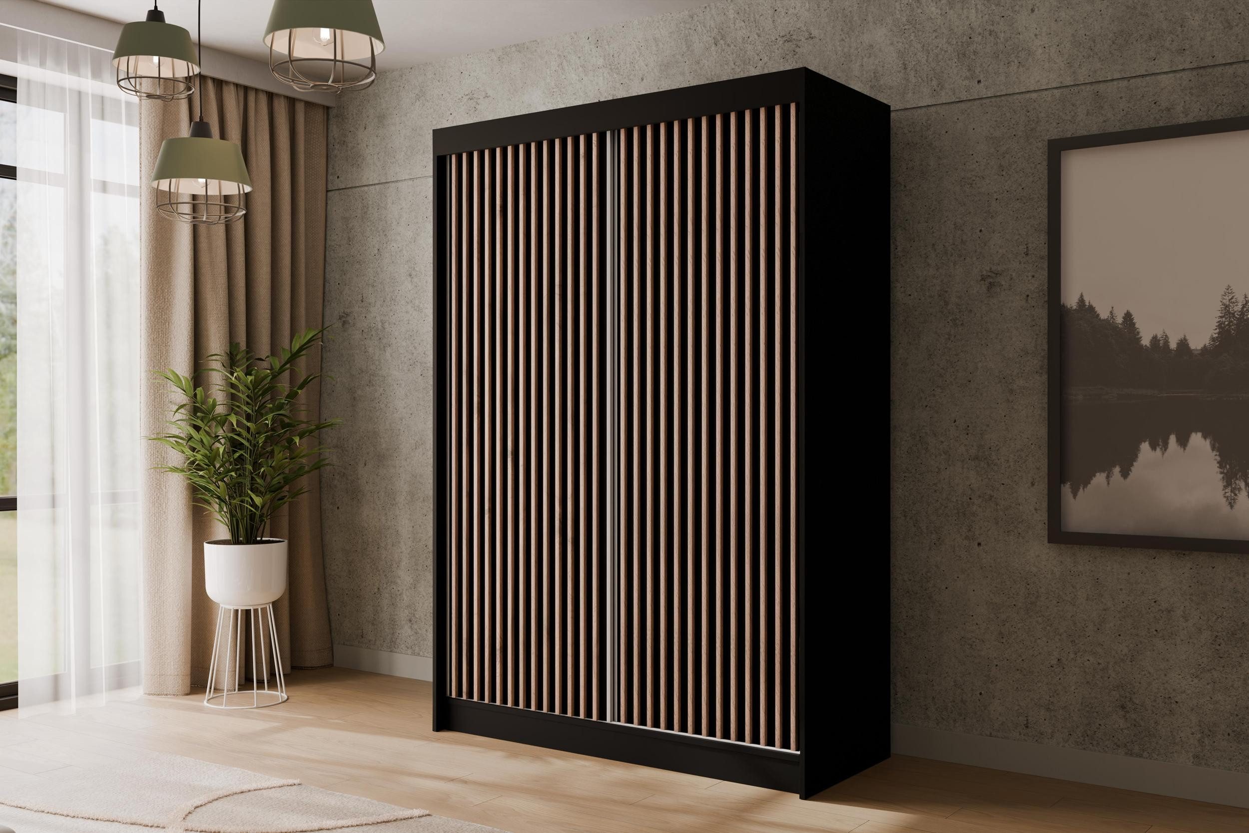 ALTDECOR Schiebetürenschrank VILANv2 (Kleiderschrank Garderobenschrank mit viel Stauraum Moderner Schrank) Vielseitiger Schwebetürenschrank Lamellen LED Beleuch – Bild 3 von 5