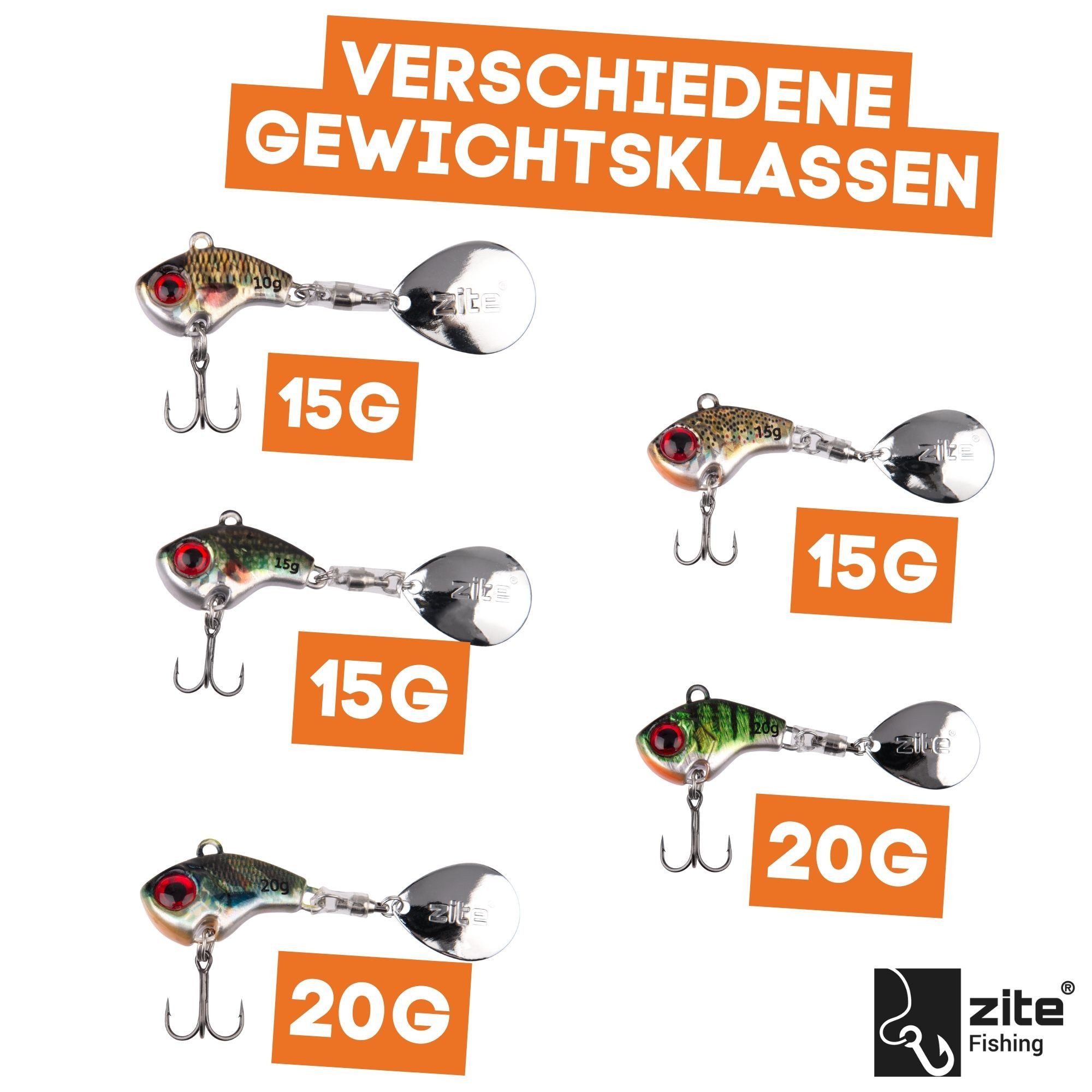 Zite Kunstköder Jigspinner Set 10-20g Neon & Natur Barschköder 5 Stück mit Tackle-Box – Bild 2 von 5