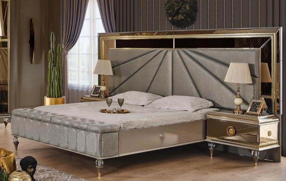JVmoebel Schlafzimmer-Set Doppelbett Garnitur Schlafzimmer Grau Nachttische Holz Set 3tlg, (3-St., 1x Bett + 2x Nachttische), Made in Europa