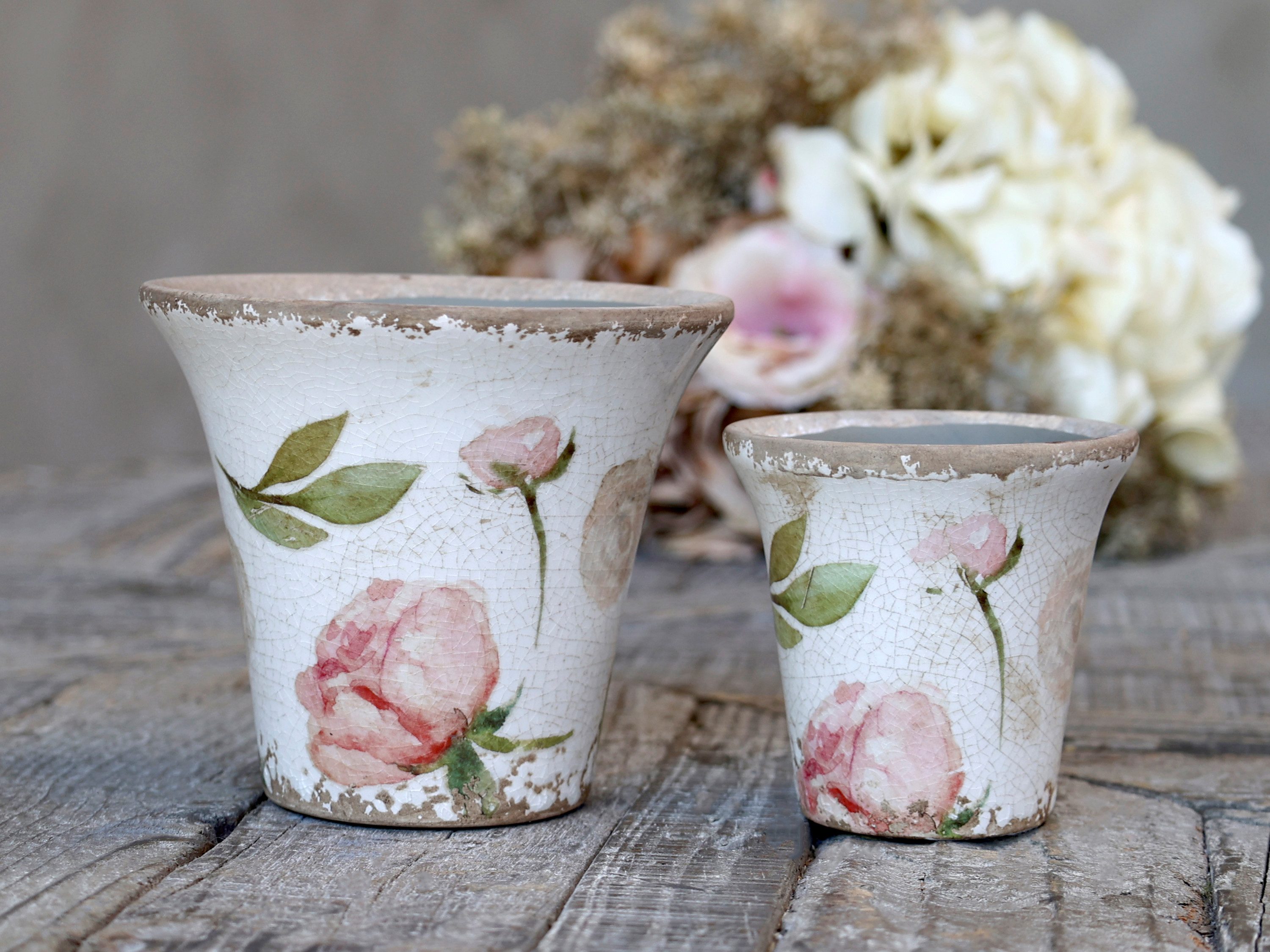 Chic Antique Blumentopf Étel Pflanztopf und Flasche Vase Keramik glasiert florales Muster Rosa, Wunderschönes Étel Muster