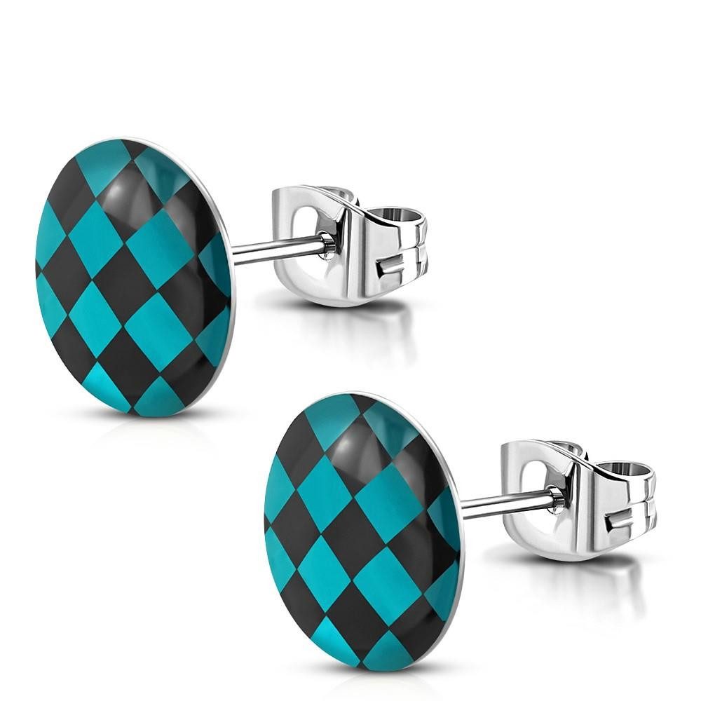BUNGSA Ohrring-Set Ohrstecker rund Schachbrett türkis Silber aus Edelstahl Unisex (1 Paar (2 Stück), 2-tlg), Ohrschmuck Ohrringe