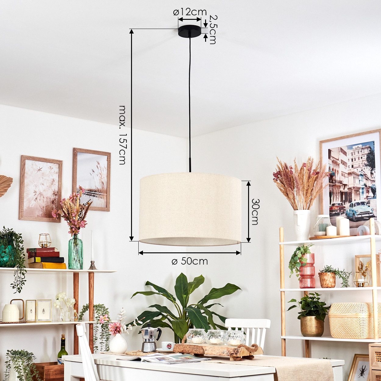hofstein Hängeleuchte Hängelampe aus Metall/Stoff in Schwarz/Beige/Weiß, Hängeleuchte im modernen Design, (Schirm Ø 50cm), E27, Höhe max. 157cm – Bild 4 von 5