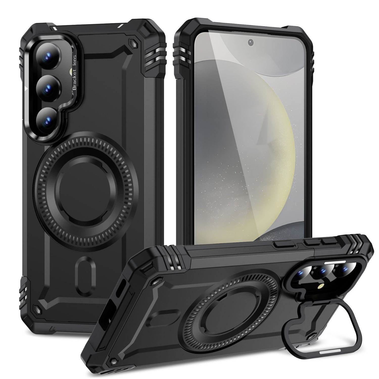 Wigento Handyhülle Für Samsung Galaxy S25 Plus TPU Hybrid PC MagSafe Ring Hülle Schwarz, MagSafe Funktion, verstellbarer Objektivhalter, kratzfest