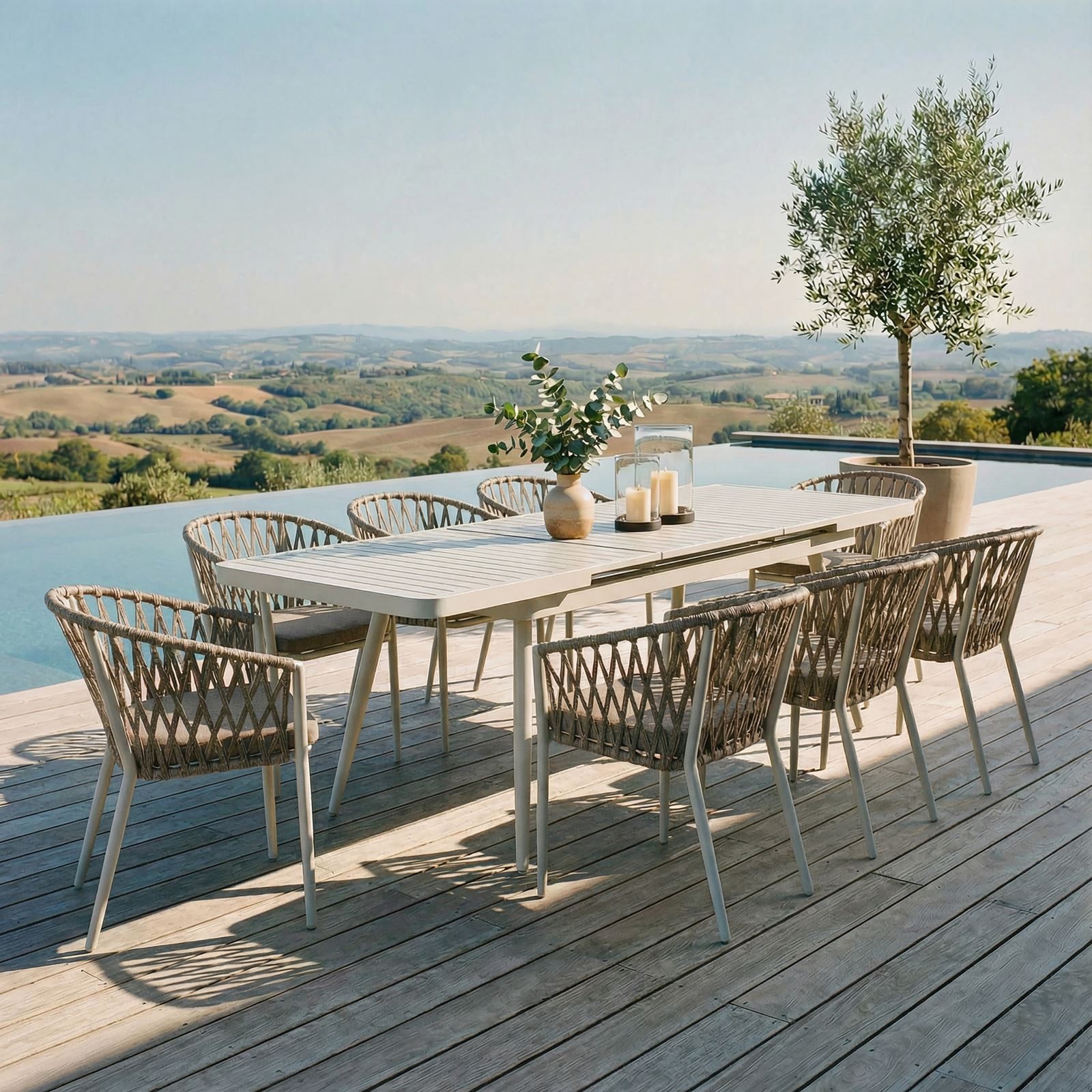 IDIMEX Garten-Essgruppe SUNNY, (9-tlg), Gartenmöbel Set mit 8 Stühlen & ausziehbarem Tisch weiß/beige