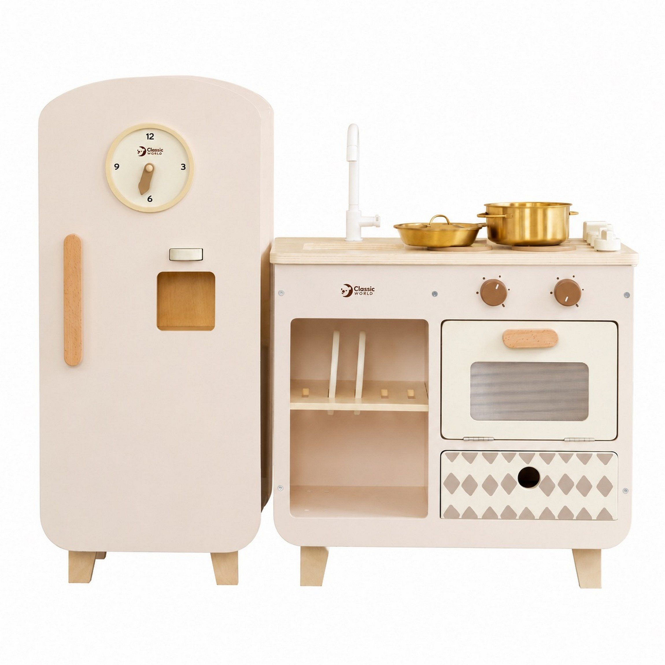 Classic World Spielküche Classic World-Kinderküche modern + Kühlschrank- 80,4x31x70,5cm - 3Y+ MDF, Buchenholz, Sperrholz, ABS, Metall, aus Holz