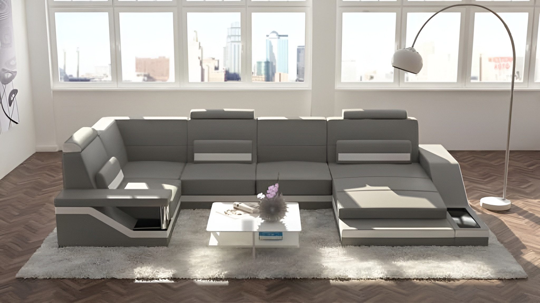 Xlmoebel Wohnlandschaft Sofa mit USB-Anschluss in Textil und Leder, moderne Eckpolsterung, Hergestellt in Europa